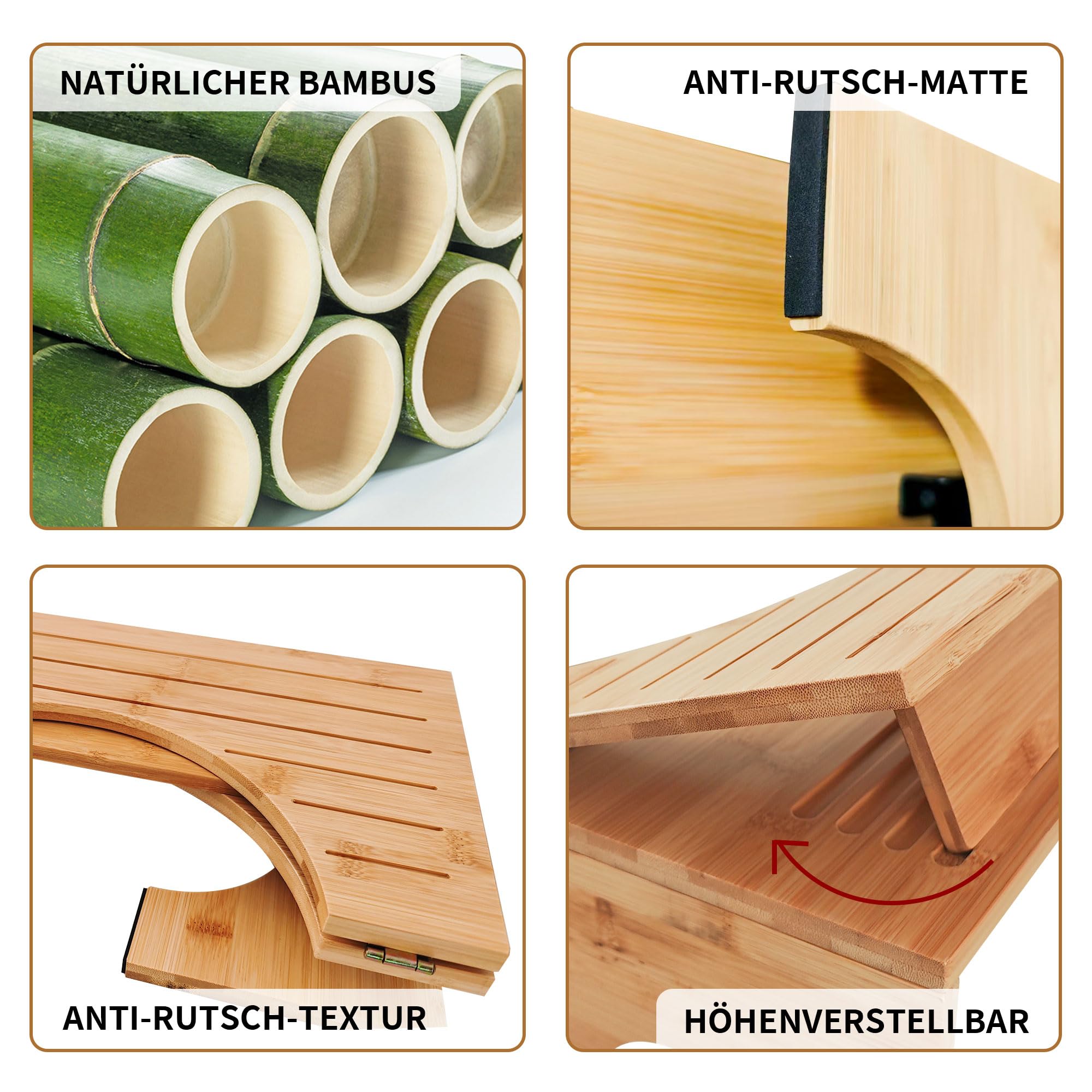 Sgabello WC pieghevole in bambù – Sgabello ergonomico per bagno con 4 marce regolazione dell'inclinazione (18 – 27 cm), antiscivolo, pieghevole, per adulti e bambini