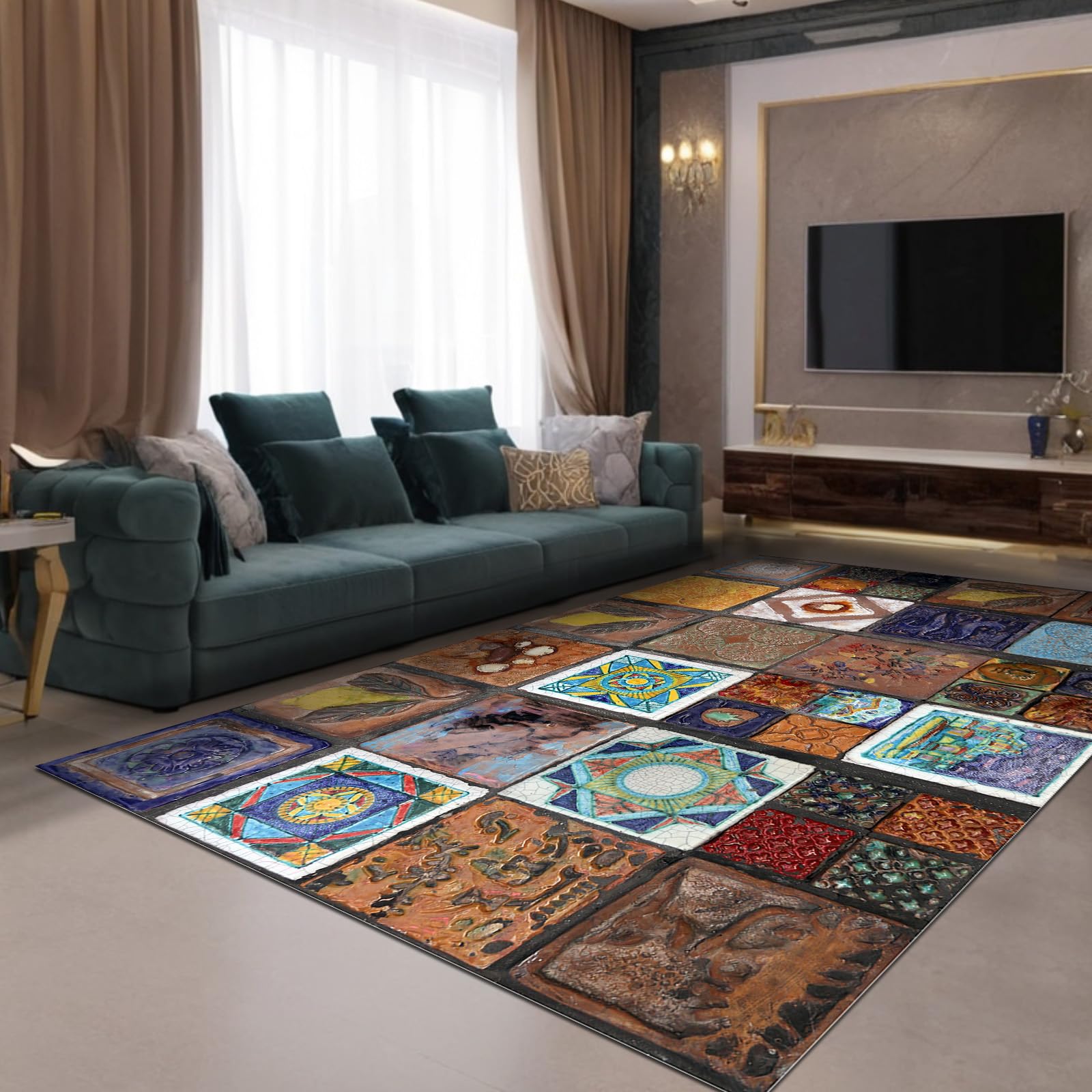 bamyum Kinevart Teppich Wohnzimmer 200X300 cm Waschbar Vintage Chenille | Wohnzimmerteppich Orientalisch Persischer Boho rutschfest Küchenteppich Schlafzimmerteppich Multicolor waschbarer Teppich