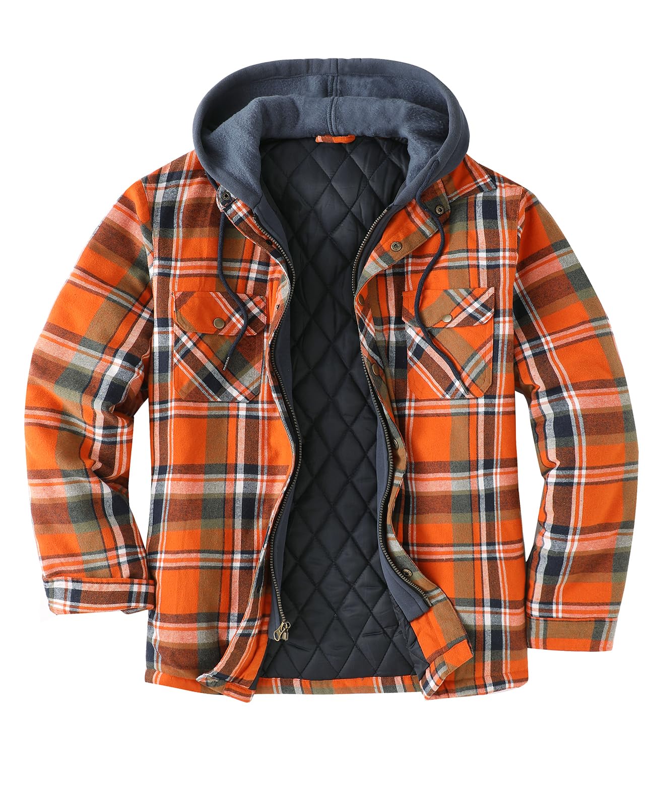 ZENTHACE Men's Thicken Plaid Hooded Flannel Shirt Jacket with Quilted Lined,Zipper&Snap