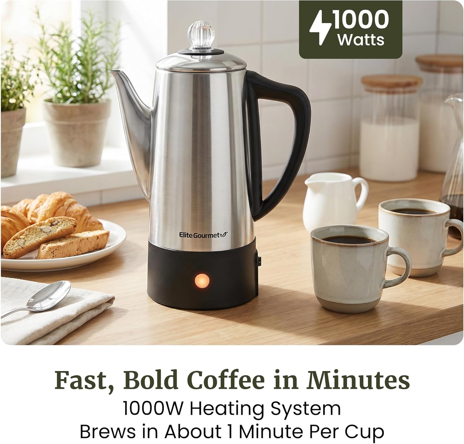 Elite Gourmet 6-Cup Electric Coffee Percolator – Stainless Steel, Fast Brewing, Keep Warm with Auto Shut-Off, Clear Brew Progress Knob, Cordless Serving Base, Reusable Filter, 1000W