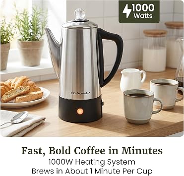 Elite Gourmet 6-Cup Electric Coffee Percolator, Stainless Steel, 1000W | Fast brewing, Keep Warm, auto shut-off, clear brew progress knob, cordless serving base, reusable filter