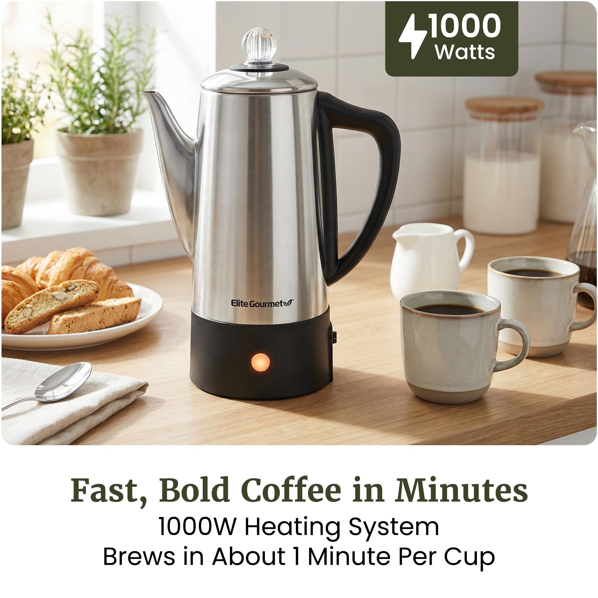Elite Gourmet EC140 - Percolatore elettrico per caffè da 6 tazze con manopola per mantenere il caldo, manopola di avanzamento della birra trasparente, maniglia Cool-Touch, servizio senza cavo, in
