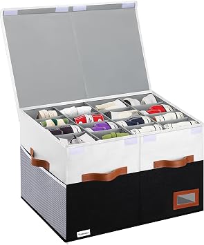 Supowin Large Shoe Organizer for Closet, Foldable Shoe Storage Bin with Lid | 16-Pair Shoe Storage for Sneakers, Boots & Heels with Adjustable Dividers, Reinforced Handles, Space Saving Closet Storage