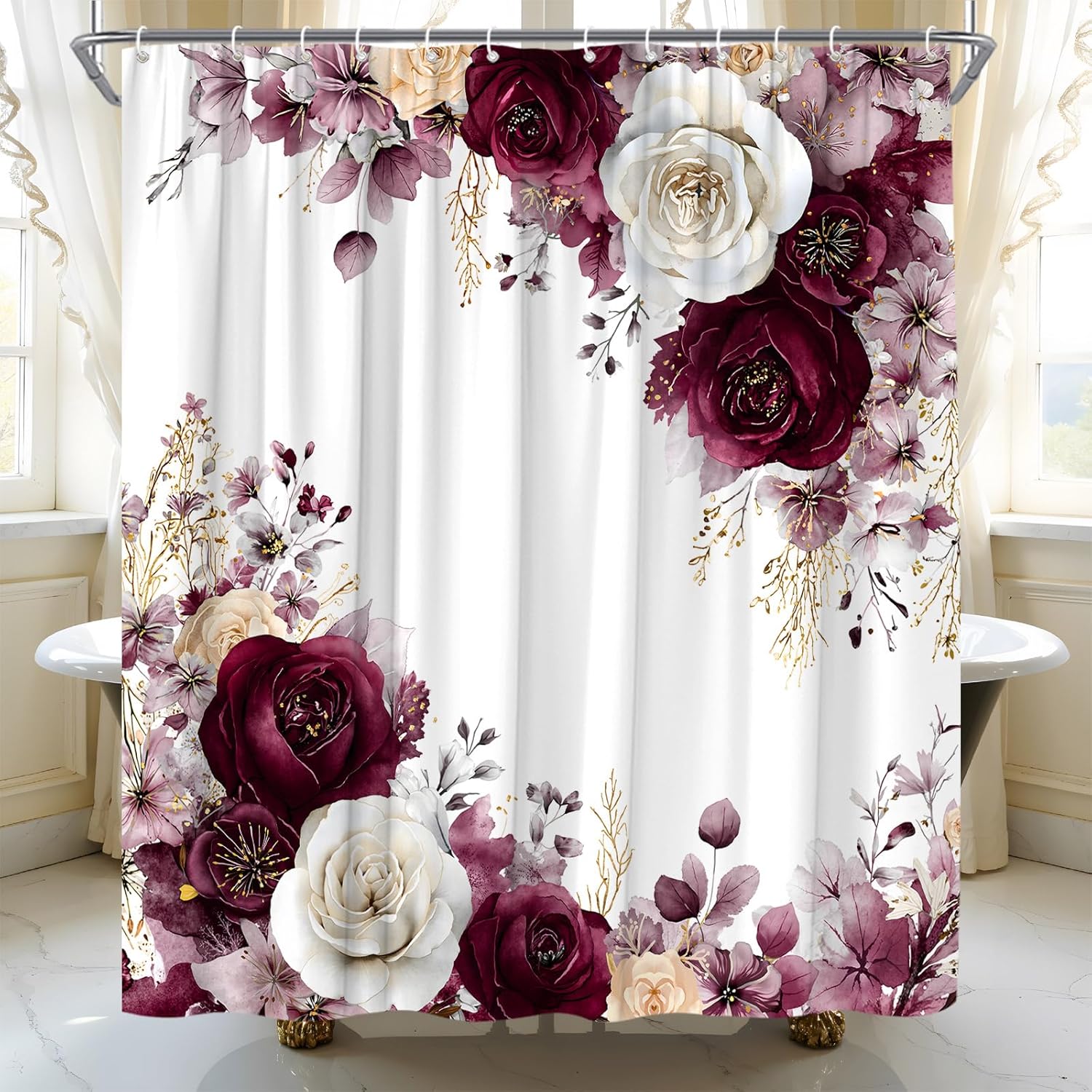 Navy Blue Floral Shower Curtain Cute Rose Flower Spring Eucalyptus Leaf Girls Watercolor Plant Botanical Fabric Bathroom Decor Set with Hooks,(70" Wx78 H)