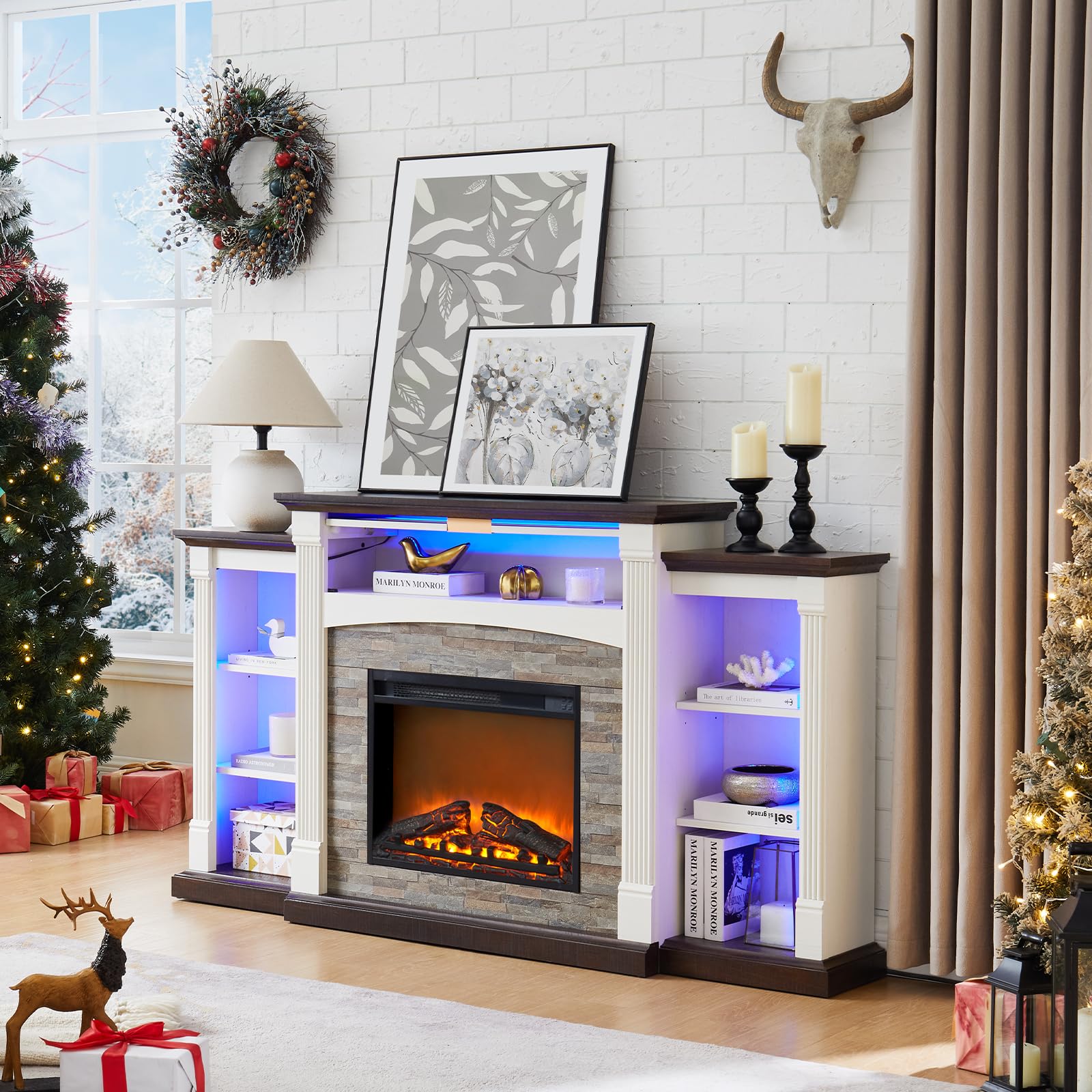 Amazon.com: SAVOR LIFE Fireplace TV Stand for 80'' TV, 70.1" Electric Fireplace with Mantel ...