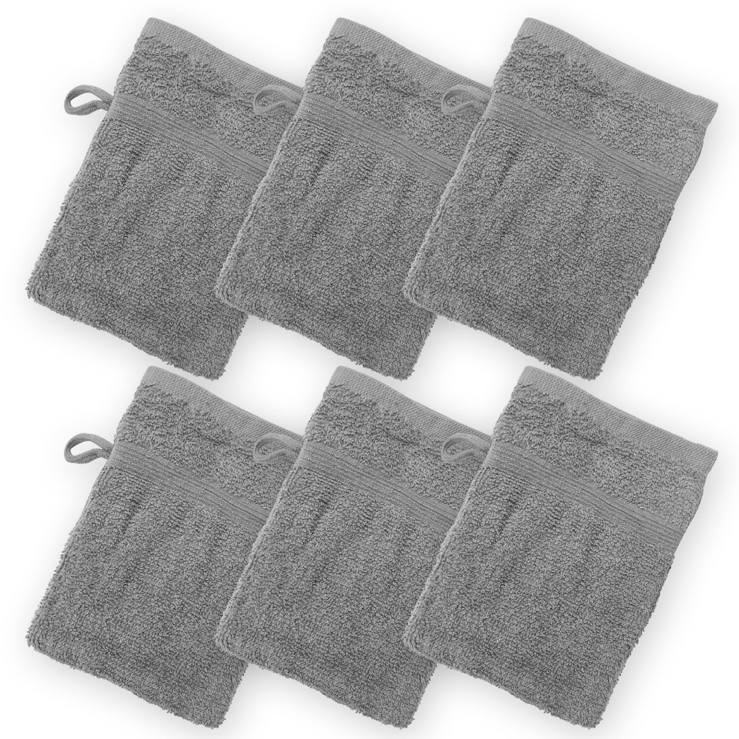 HomewearHigh Rise Stripe 6 Pack 6 x 8.5 Wash Mitt Set, Low Twist, Highly Absorbent, Gentle Hand and Face Cloth, European Style with Loop, Grey