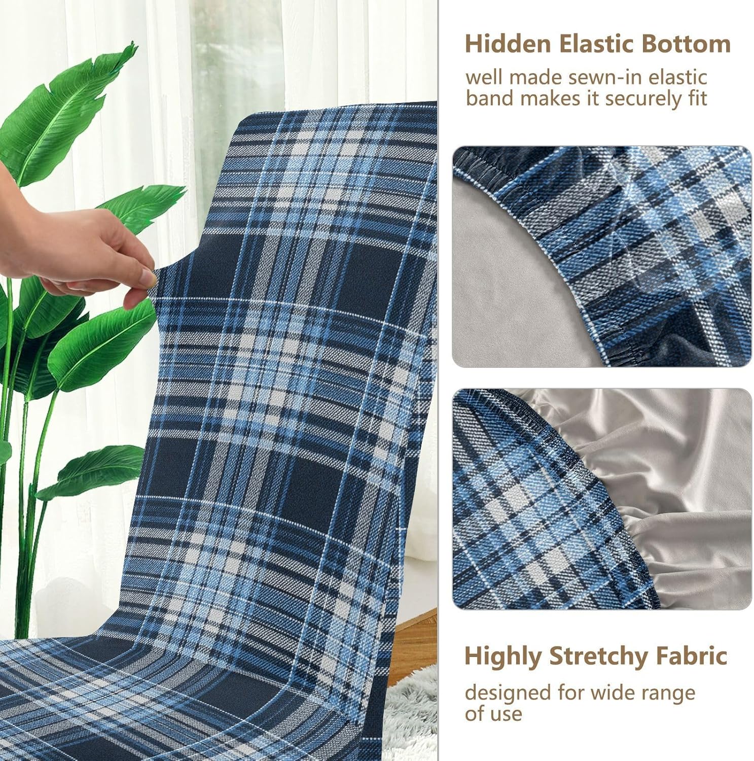 ALAZA Chair Covers for Dining Room, Vintage Blue Plaid Tartan Pattern Stretch Chair Cover Sets Chair Protector Removable Washable for Ktichen Restaurant Hotel