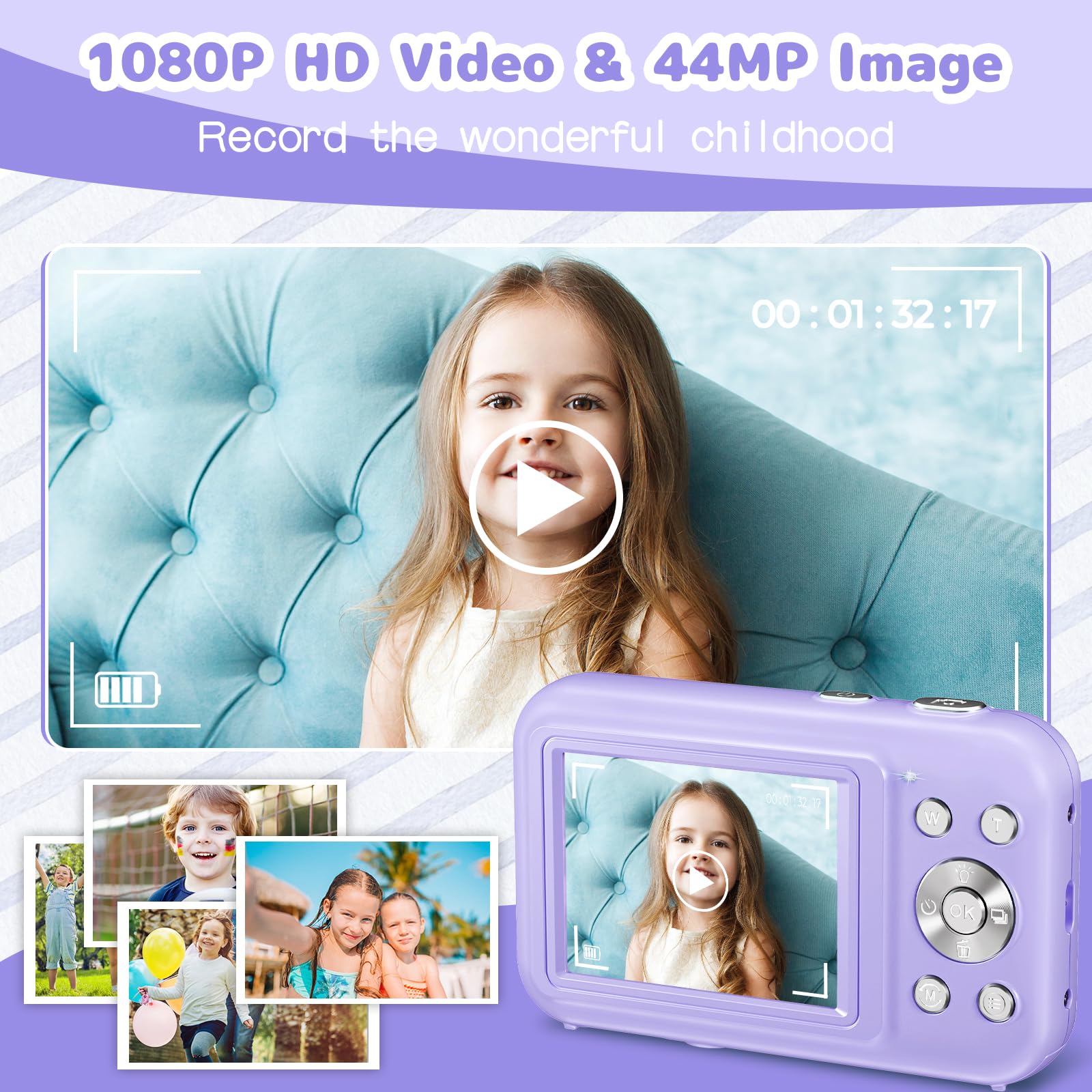 Kinder Digitalkamera 1080P 56MP - Kompaktkamera Für Anfänger | Mit 2 Batterien & 32 GB Speicher