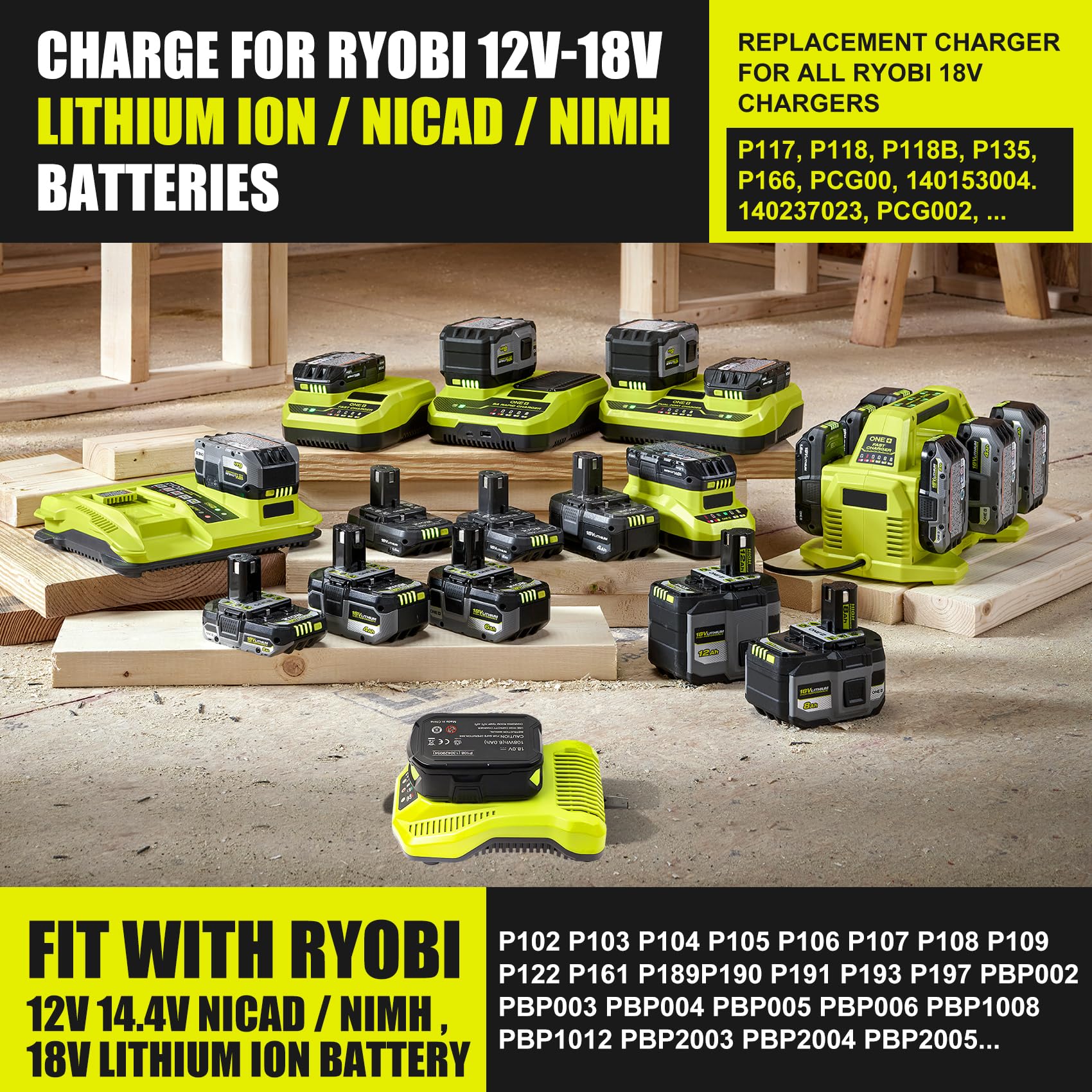 ?Upgrade? Charger Replacement for Ryobi 18V Charger P117 Compatible with Ryobi 12V-18V One+ Lithium NiCad NiMh Battery P102 P108 P189 P197 P103 P105 P107 P190 P191 PBP002 12-18V Ryo Battery Charger