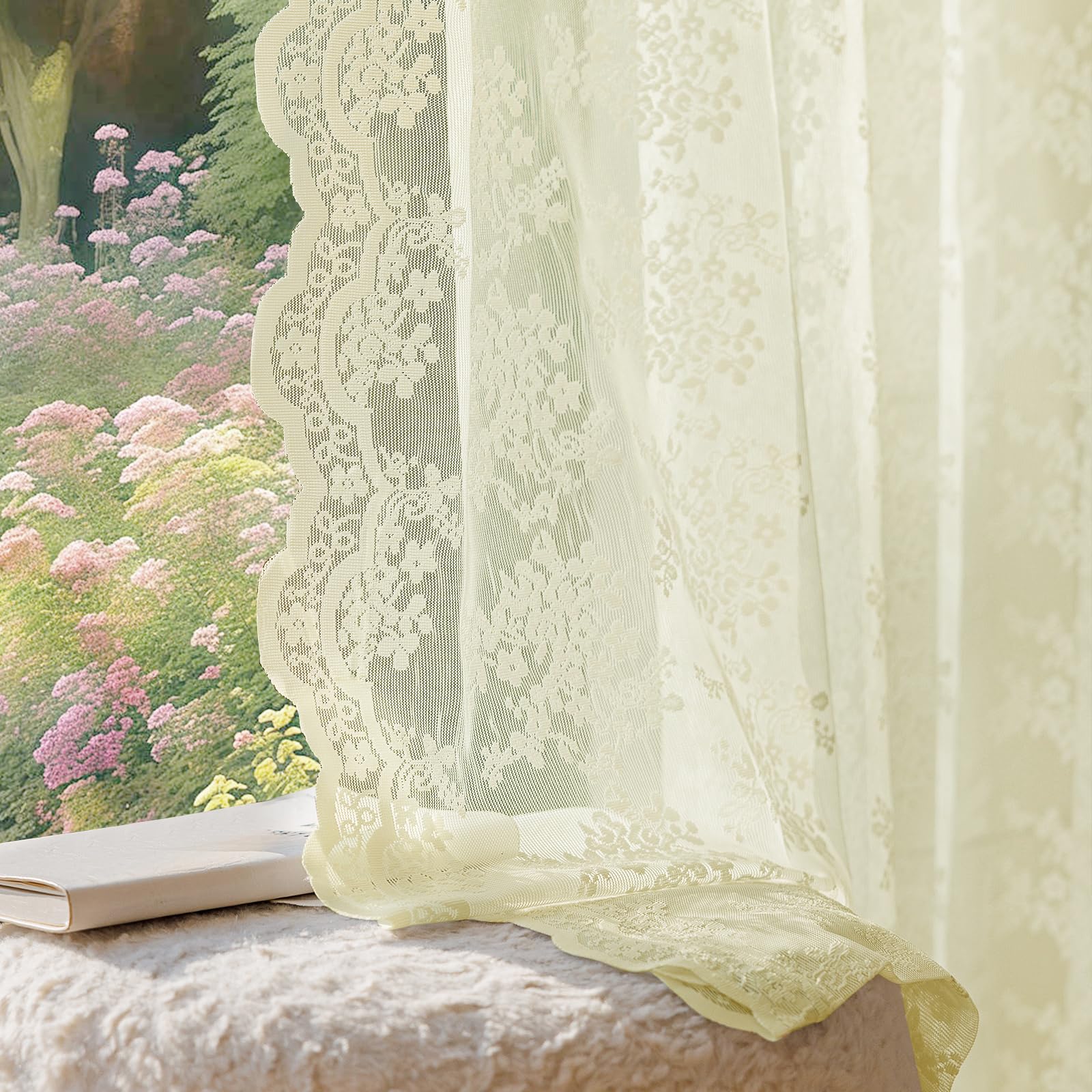 Anmao Vintage Lace Curtains 63 Inches Long 2 Panels Set, Romantic Elegant Light Filtering Semi Sheer Floral Thick Lacy Curtain Drapes for Living Room