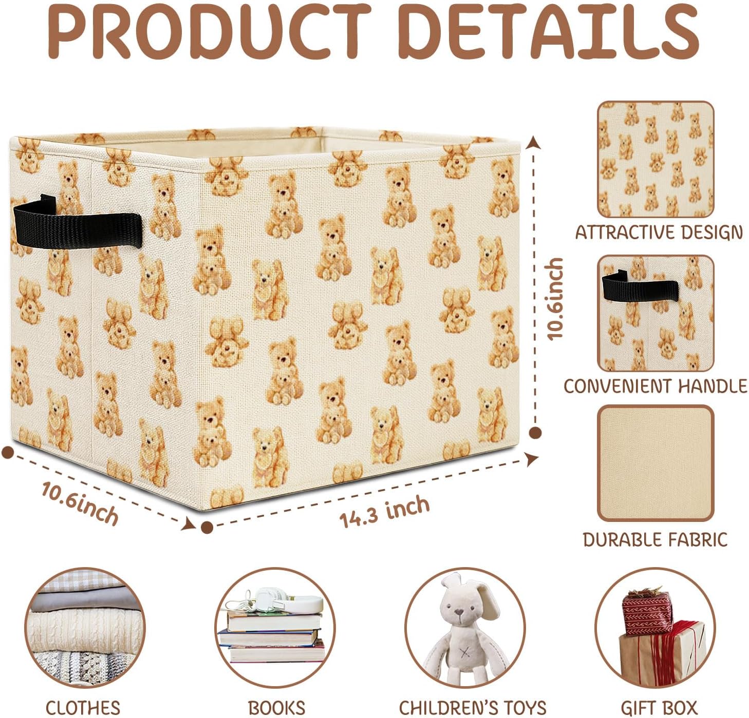 Bear Nursery Storage Bins, Cute Brown Bears Collapsible Storage Basket Organizer for Kids Room Nursery Playroom Bedroom Bathroom Clothes Toys Books, Toybox for Boys Girls