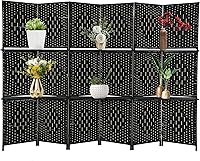 Vista 12 de Divisor de habitación de 4 paneles, divisor de pantalla de madera plegable, separador de partición de madera con estantes de almacenamiento Negro