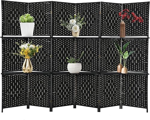 Divisor de habitación de 6 paneles, pantalla de madera, plegable, portátil, con estantes de almacenamiento extraíbles, color negro