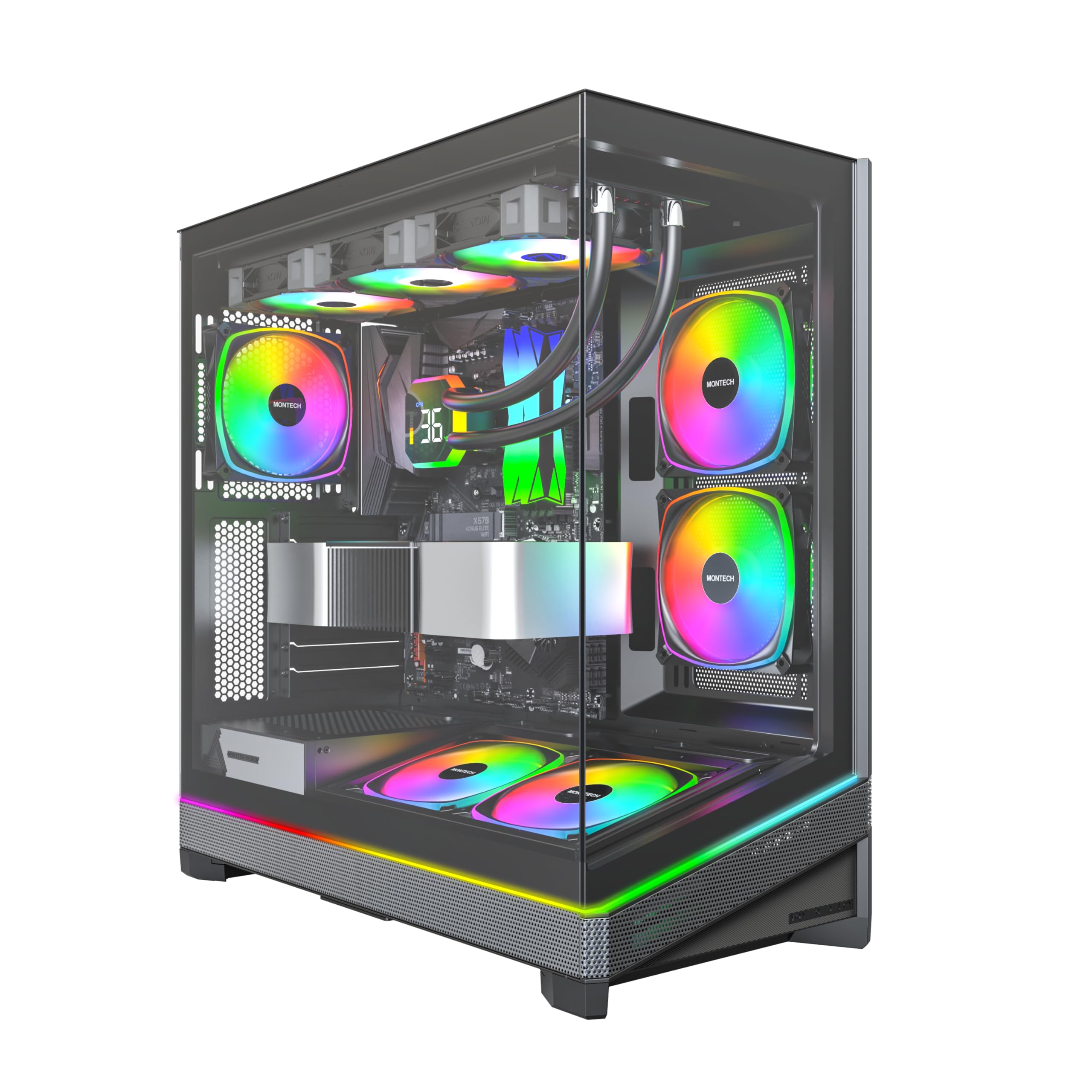 MONTECH Obudowa PC Sky 3 ATX, panoramiczne szkło, regulowany przepływ powietrza, spersonalizowany design, wspornik chłodnicy, 3 x 120 mm ARGB PWM wstępnie zainstalowane, kompaktowa konstrukcja dla