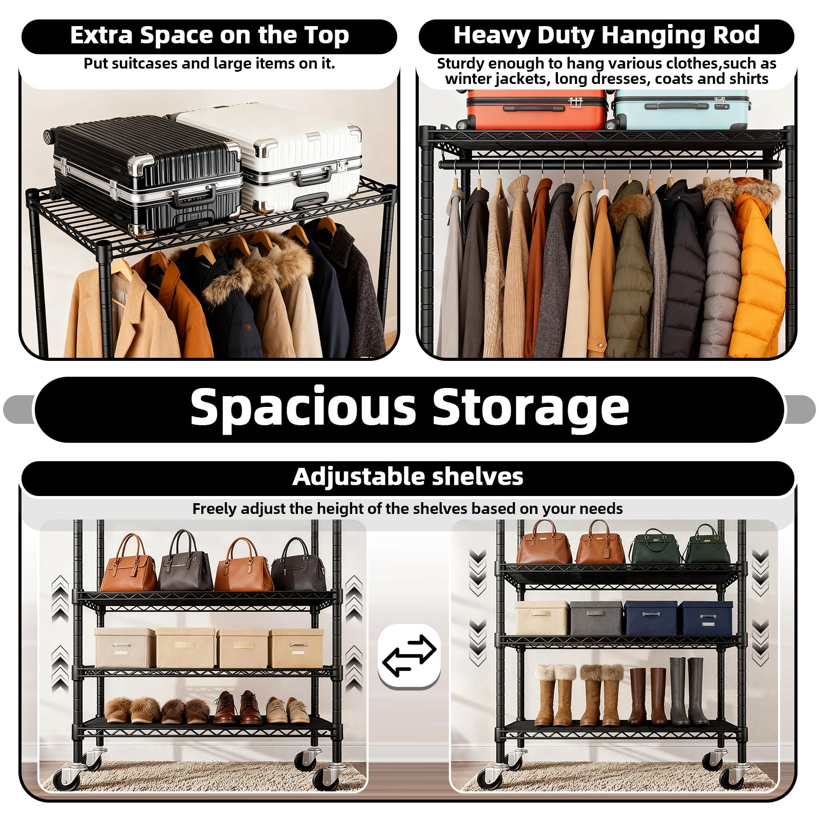 Kleiderständer auf Rollen mit Feststellbaren Rollen und Seitlichen Haken | Schwerlast Kleiderständer Metall Garderobenständer, Kleiderschrank offen für Schlafzimmer, Wohnzimmer - 90 D x 43,5 W x 180 H