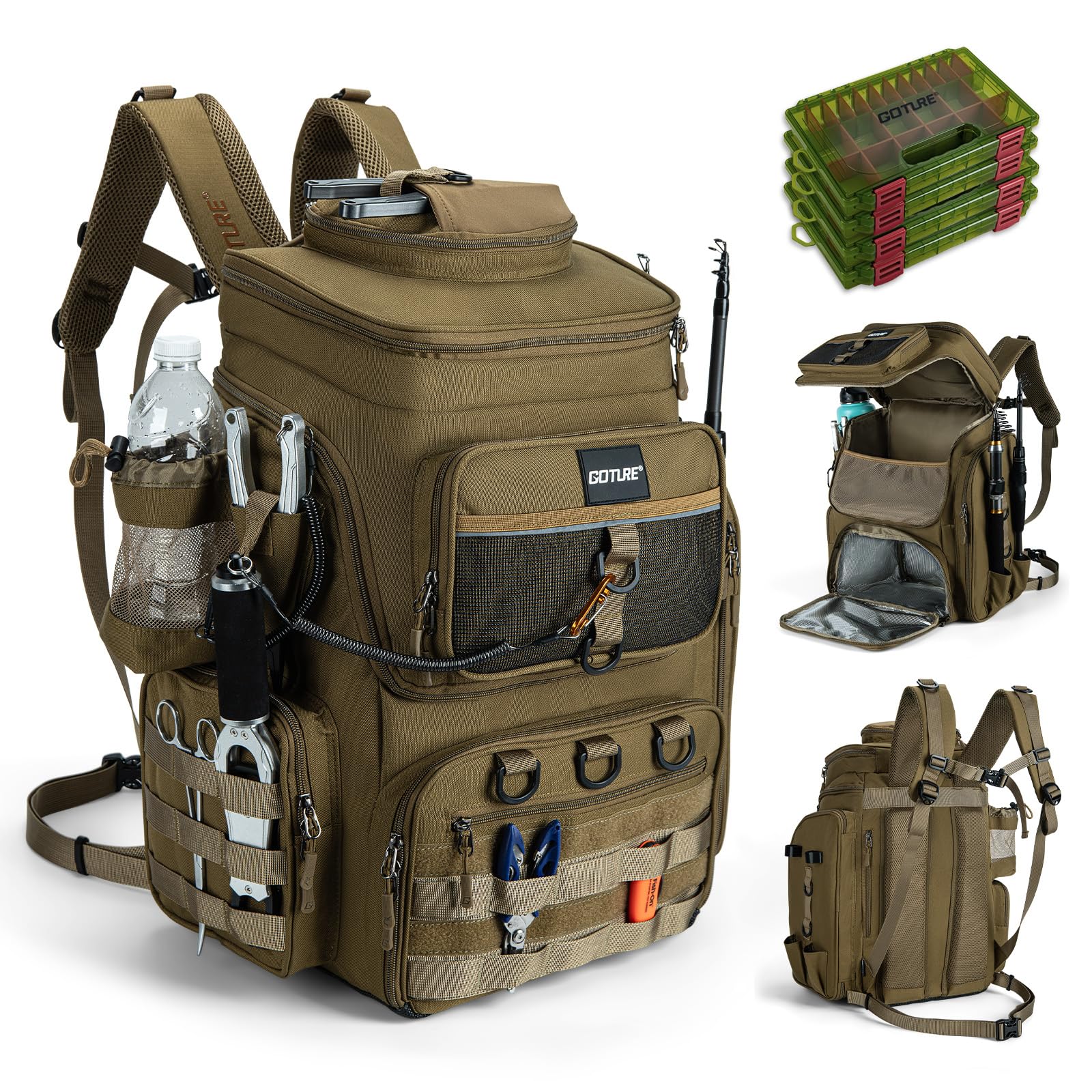 Goture Angelrucksack mit 4 Köderbox Angeln, 55-Liter Angelzubehör-Rucksack mit Zwei Rutenhaltern und Regenschutz, 900D Oxford-Gewebe Wasserabweisende Angelgerätetasche mit verstellbarem Fach
