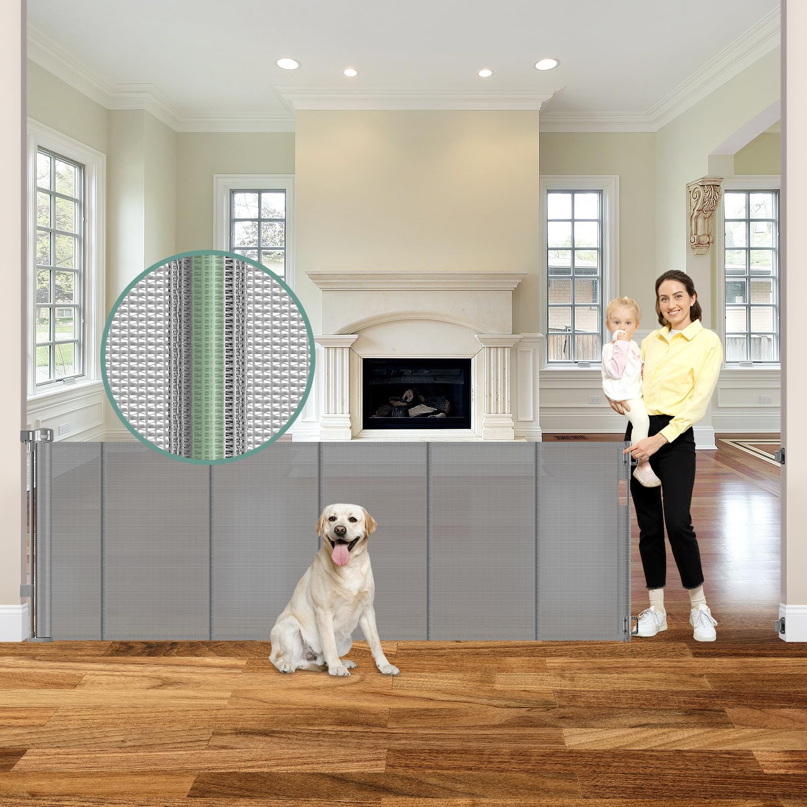 Reinforced 120 Inch Extra Wide Retractable Baby Gate with Support Rods, 33” Tall Retractable Pet Gate for Dogs, Indoor/Outdoor 10 Feet Mesh Child