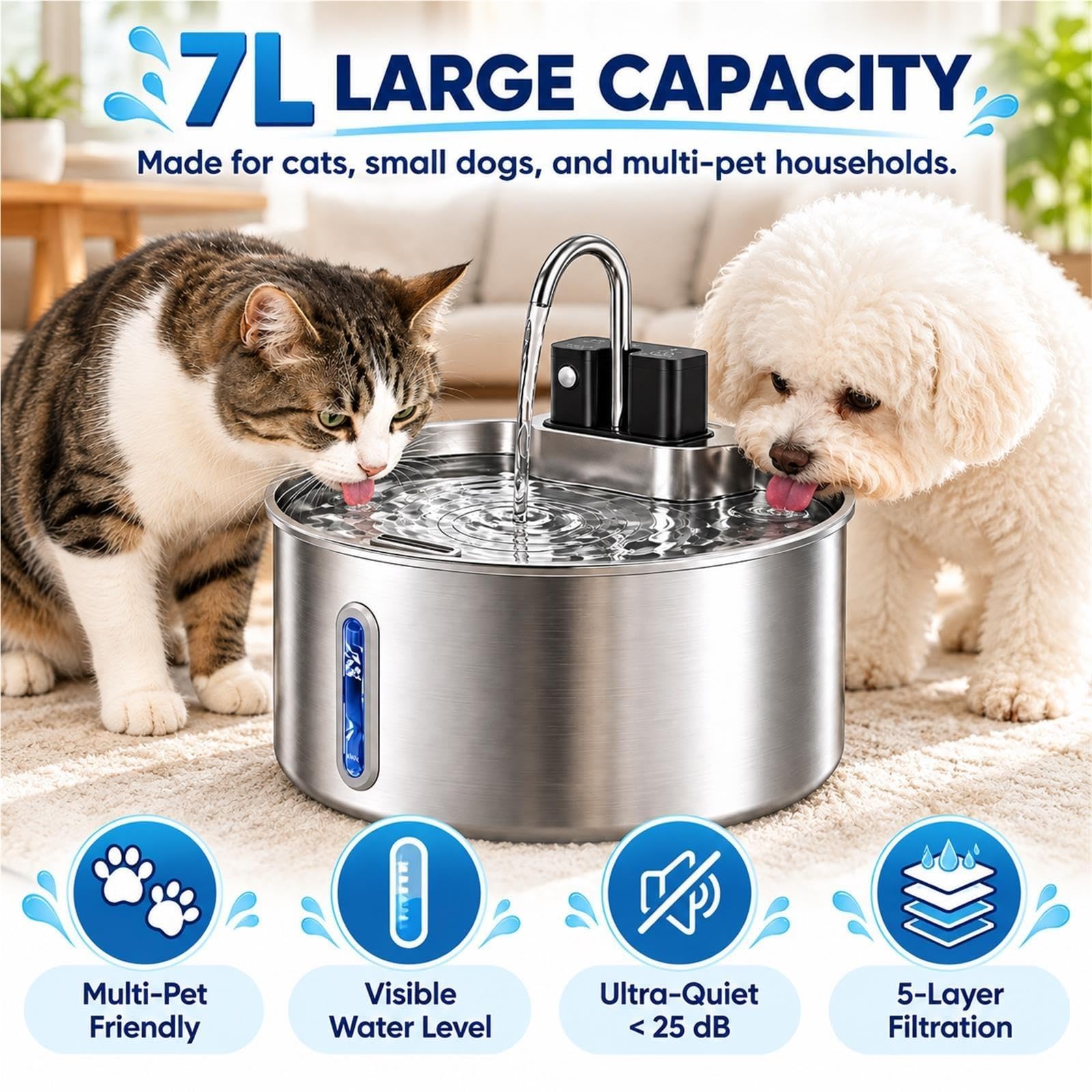 Fontanella Cani Acciaio Inox 4L/7L, Distributore Acqua Silenzioso