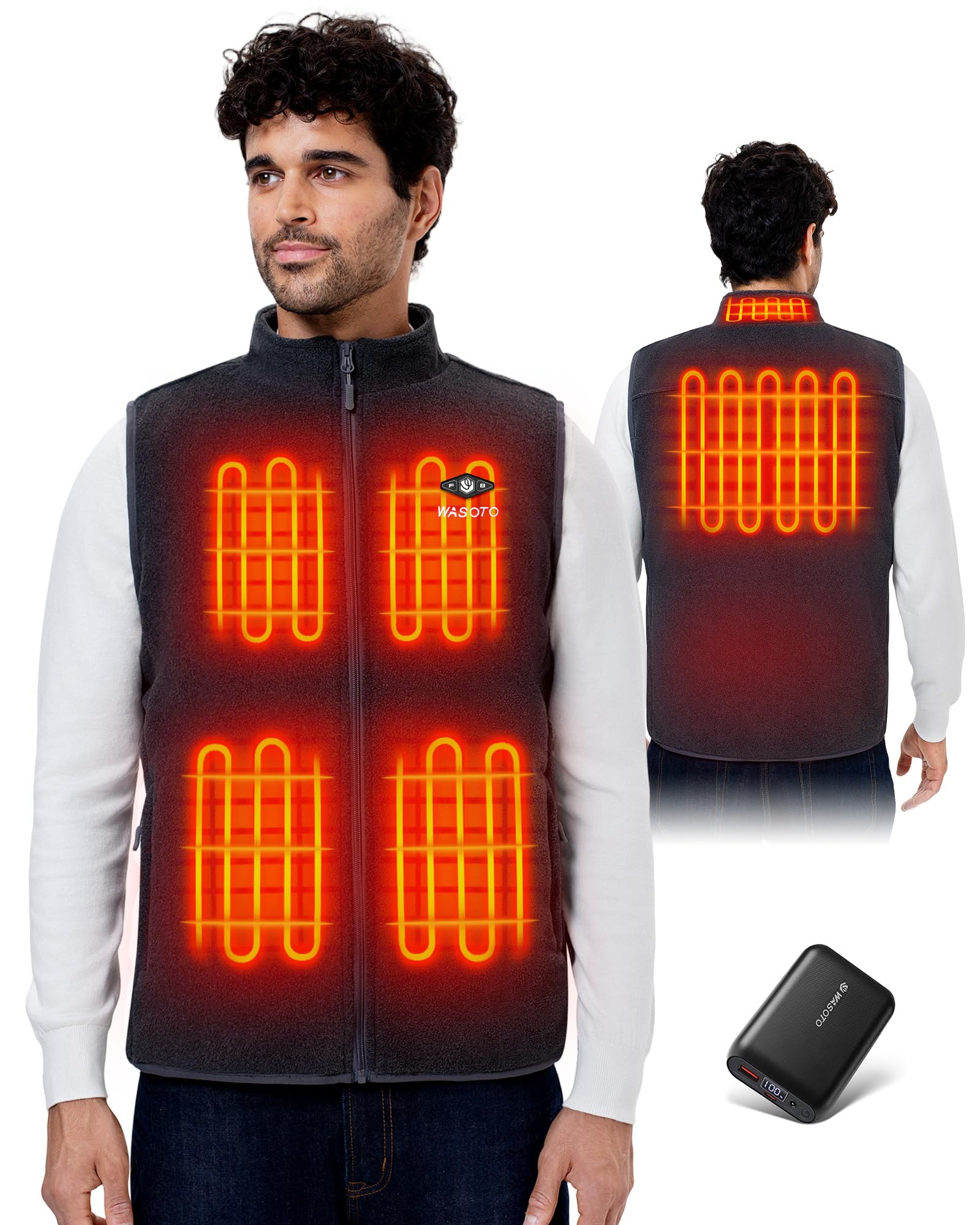 WASOTO Heated Vest for Men Fleece Vest 16000mAh Battery Pack Charger Included Rechargeable Lightweight for Hunting Cycling