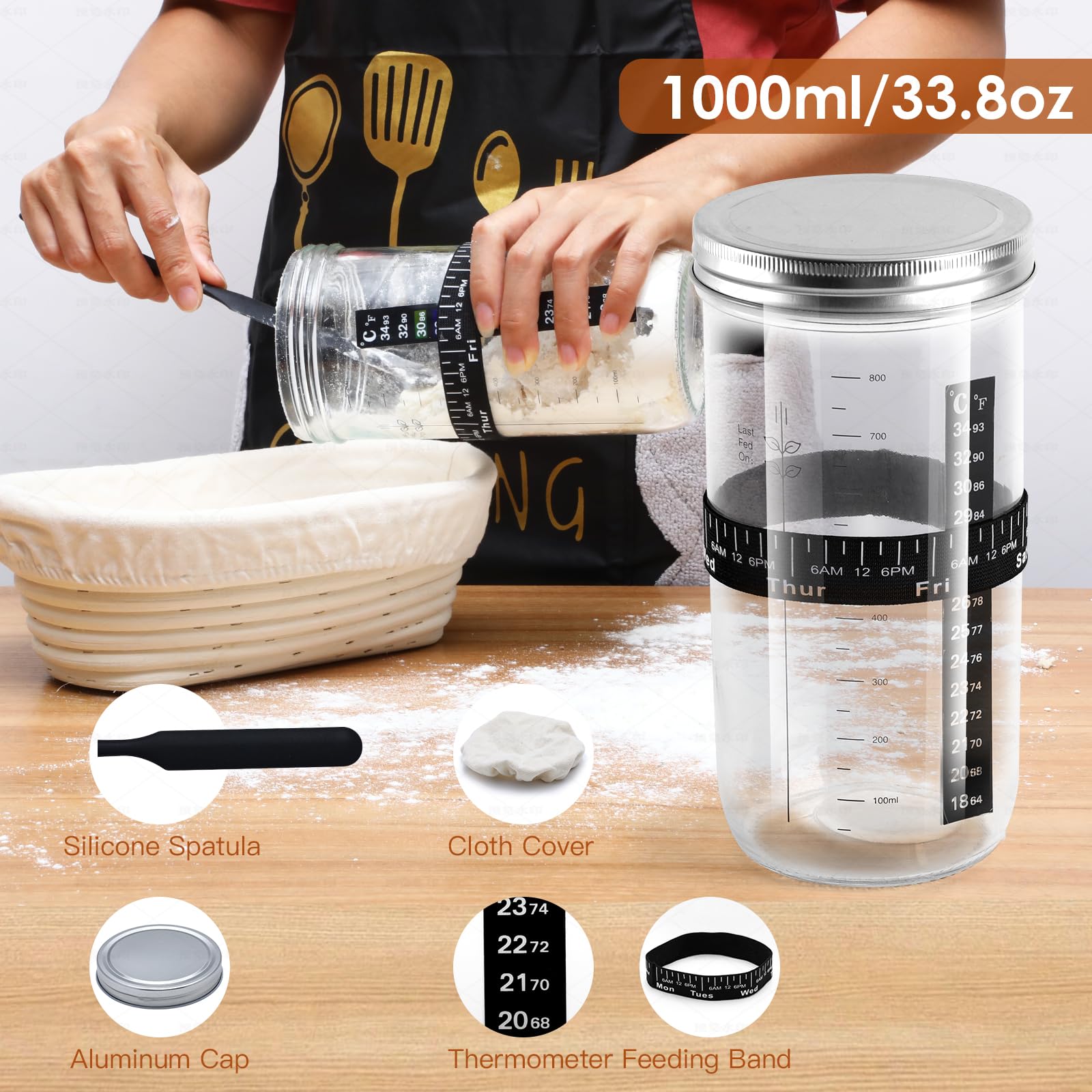 Set di 2 cestini per la lievitazione del pane Soudough Banneton, set di 2 cestini rotondi da 22,9 cm e 10 bastoncini ovali, kit per principianti con lievito naturale da 963,9 g, raschietto per impasto