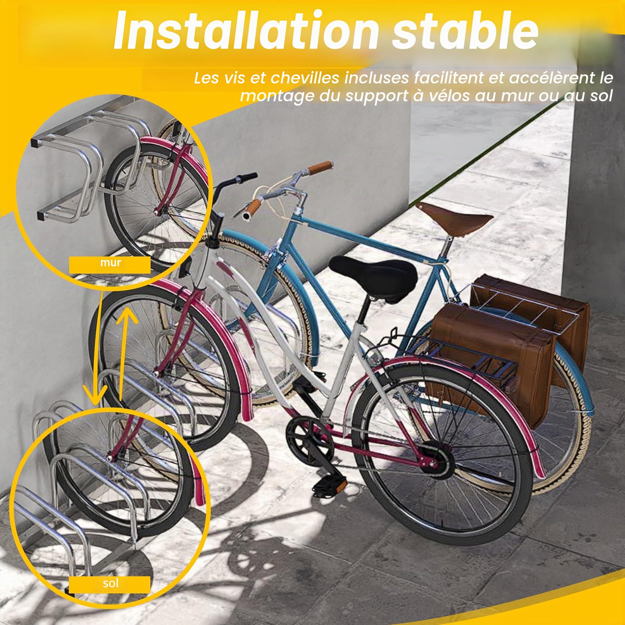 FIVMEN Porte-vélos pour 8 vélos Support de vélo Support à poser au sol et au mur Distance entre les roues de 37 cm Galvanisé Support multiple pour largeur de pneu de 30-65 mm VTT Vélo de course VTT