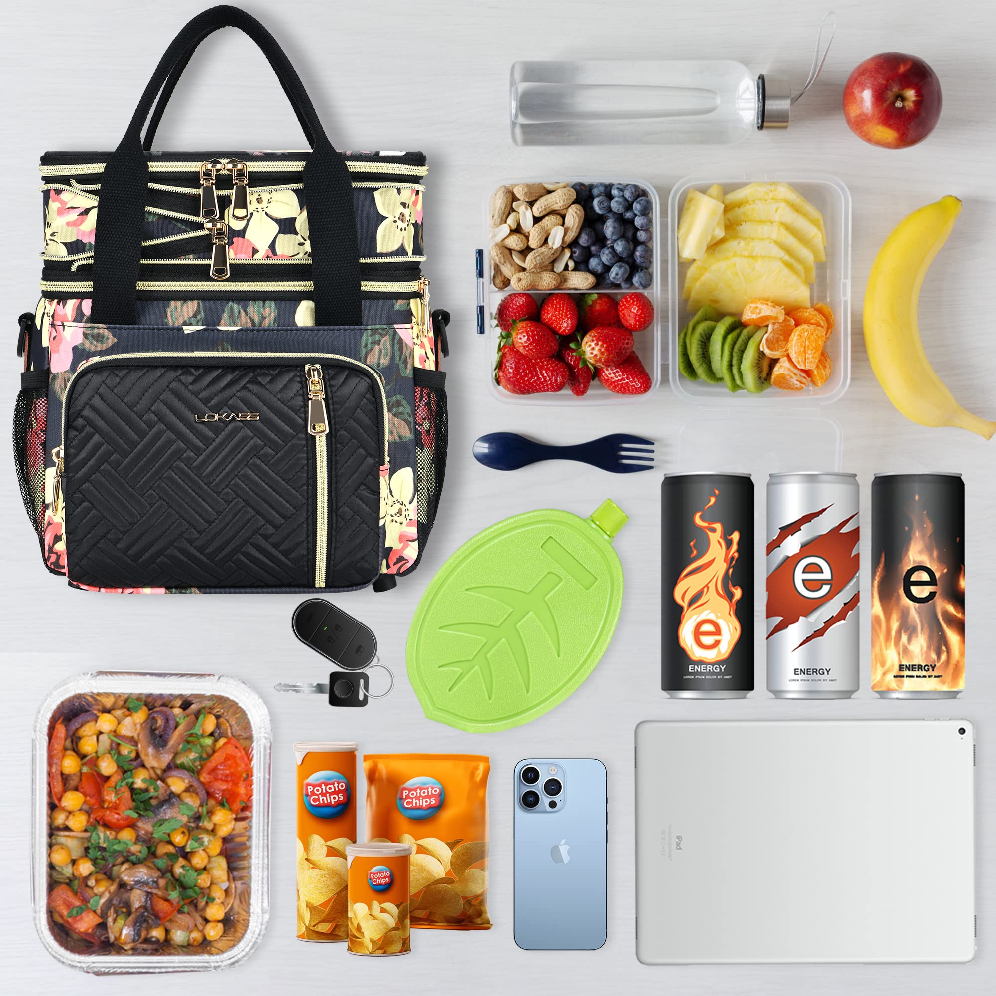 Contenitore per il pranzo e borsa per il pranzo da donna, grande, isolato, per adulti, a prova di perdite, borsa termica per lavoro, picnic, spiaggia, 16 l, floreale