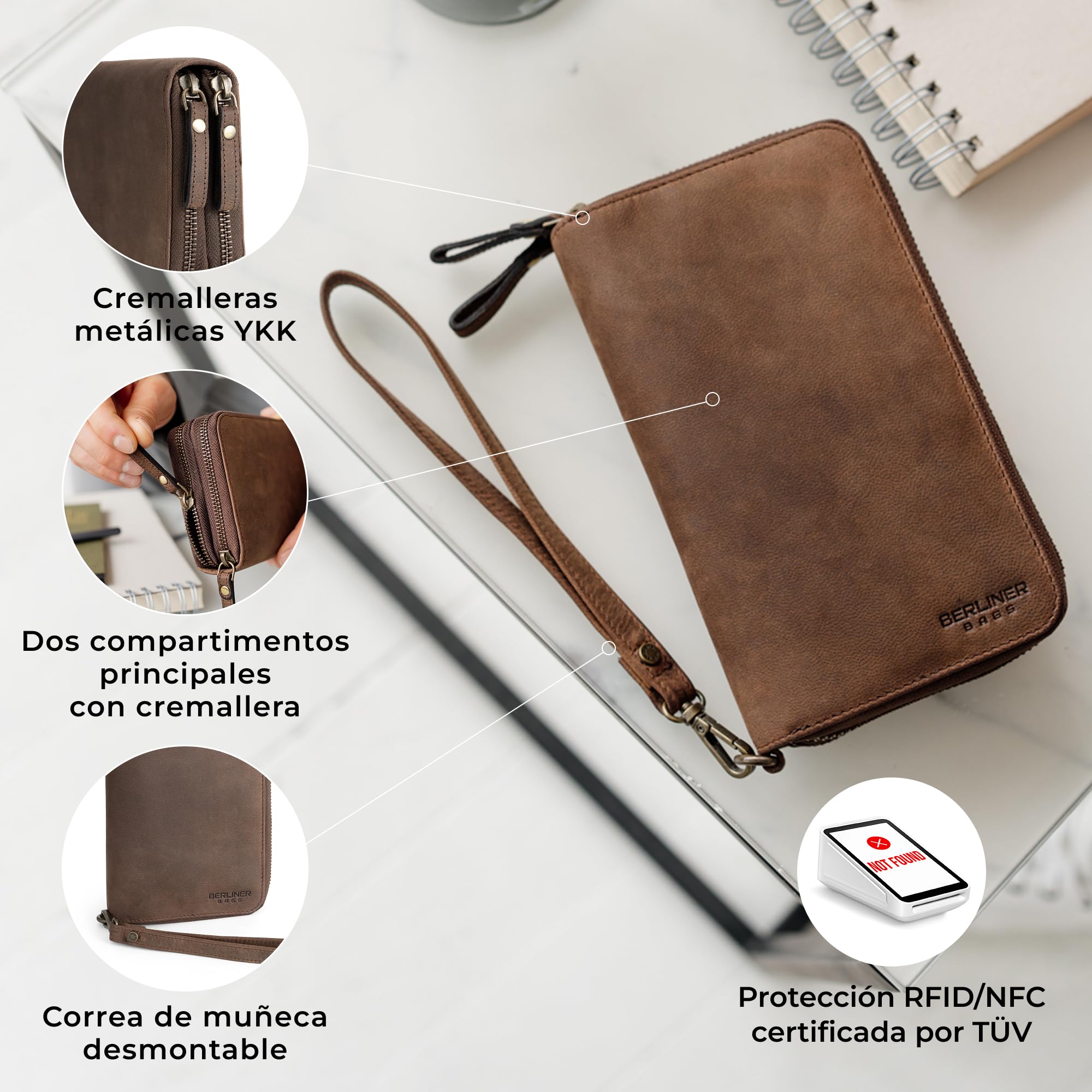 Berliner Bags Dallas M Cartera de Piel Auténtica Hombre, RFID, Organizador