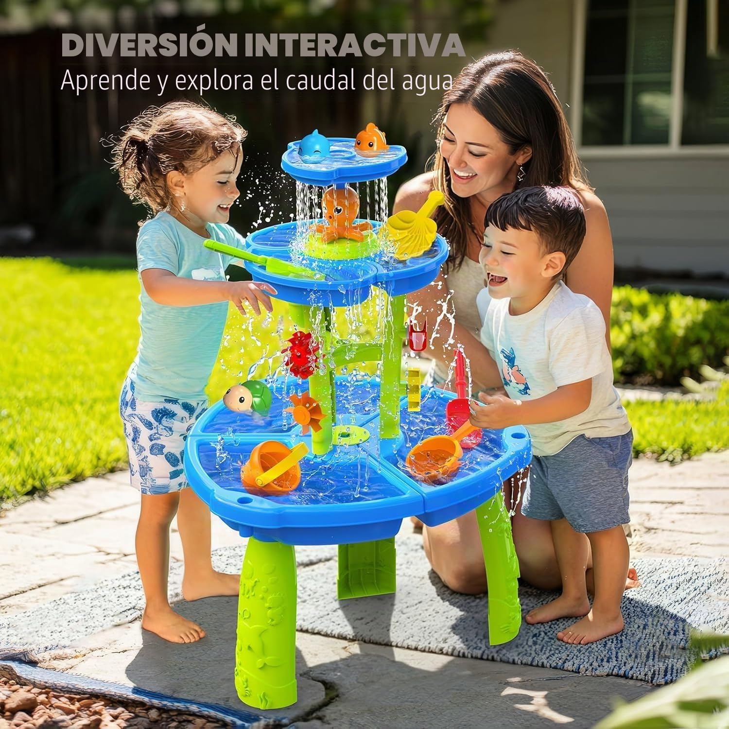 CozyBomB Mesa de juegos acuáticos para niños al aire libre de 3 pisos – Mesa de arena y agua con rueda de agua, aspersor y juego de pesca, juguete acuático para niños al aire libre a partir de 3, 4 y