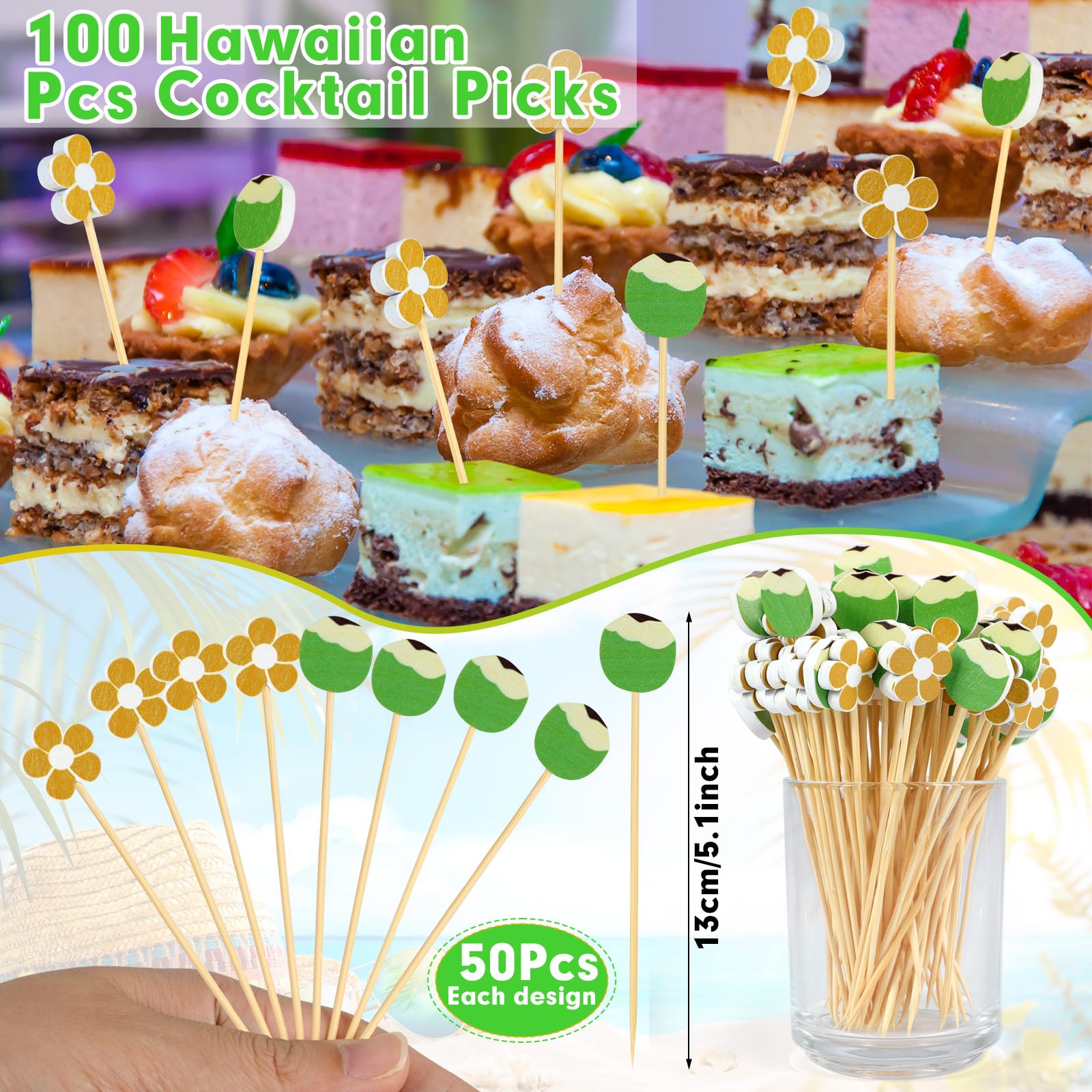 OOTSR 100Pcs Summer Cocktail Picks, 5.1inch Hawaiian Coconut Flower Food Sticks for Appetizers Bamboo Toothpicks Cocktail Sticks for Summer Drinks Hawaiian Tropical Beach Party Decorations