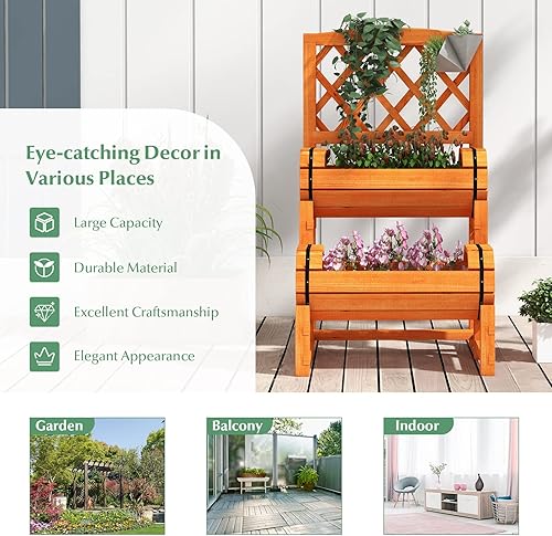 Miniatura 8 de S AFSTAR Cama de jardín elevada de 2 niveles con enrejado, maceta de madera con enrejado de diamante, maceta elevada para plantas trepadoras de vid,