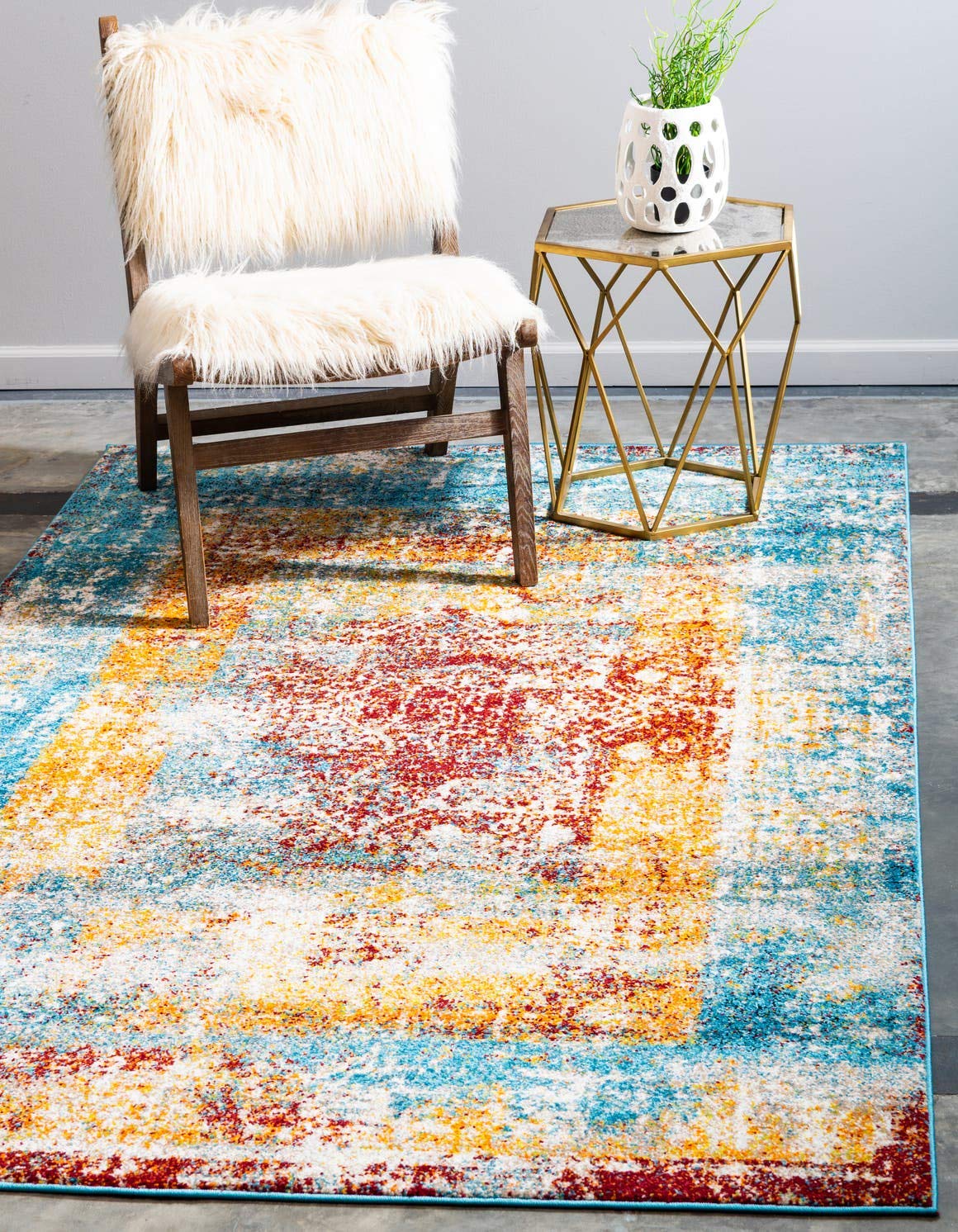 Unique Loom Rosso Collection Traditional, Medallion, Distressed, Bohemian, Vintage, Southwestern Area Rug, 4 ft x 6 ft, Multi/Blue
