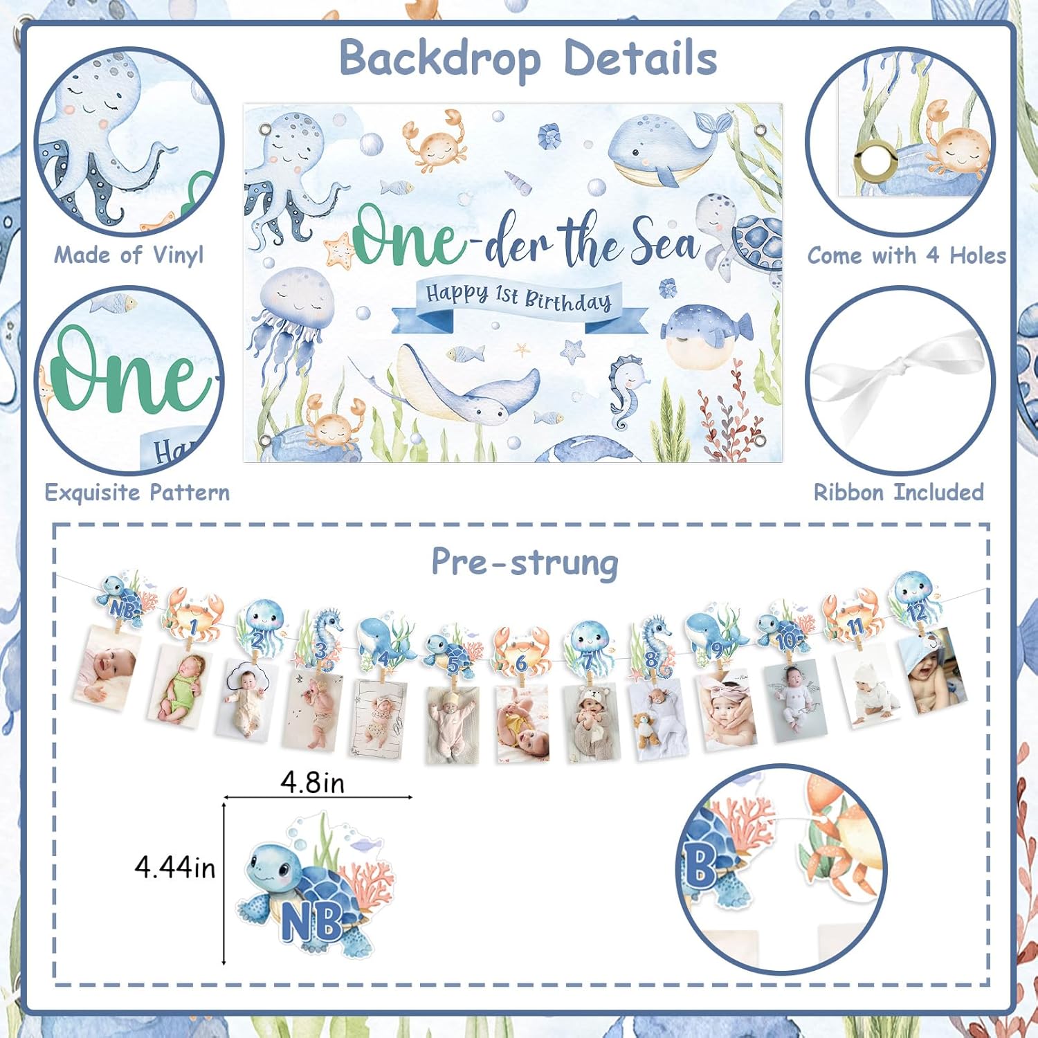 Jollyboom Oneder the Sea Party Decorations Boy, Under the Sea 1st Birthday Decorations Backdrop Photo One Highchair Banner Cake Topper Number 1 Balloons for Ocean Animal 1 Year Old Boy