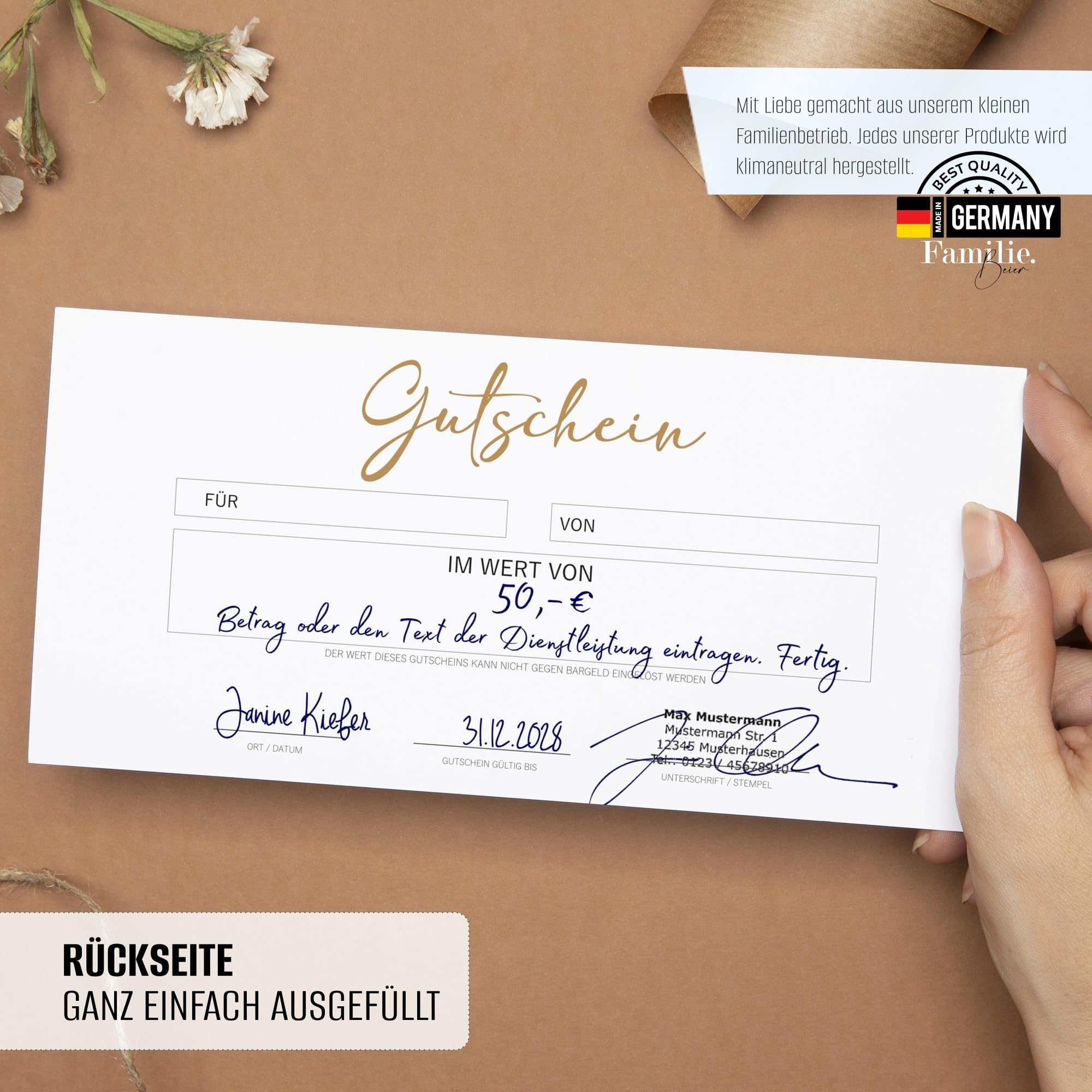 Gutscheinkarten zum Selbstausfüllen (50er Set, DIN Lang) | Blanko Gutschein zum Ausfüllen als Vorlage für Massage, Kosmetik, Friseur und andere | Gutscheinvorlagen Neutral und Edel