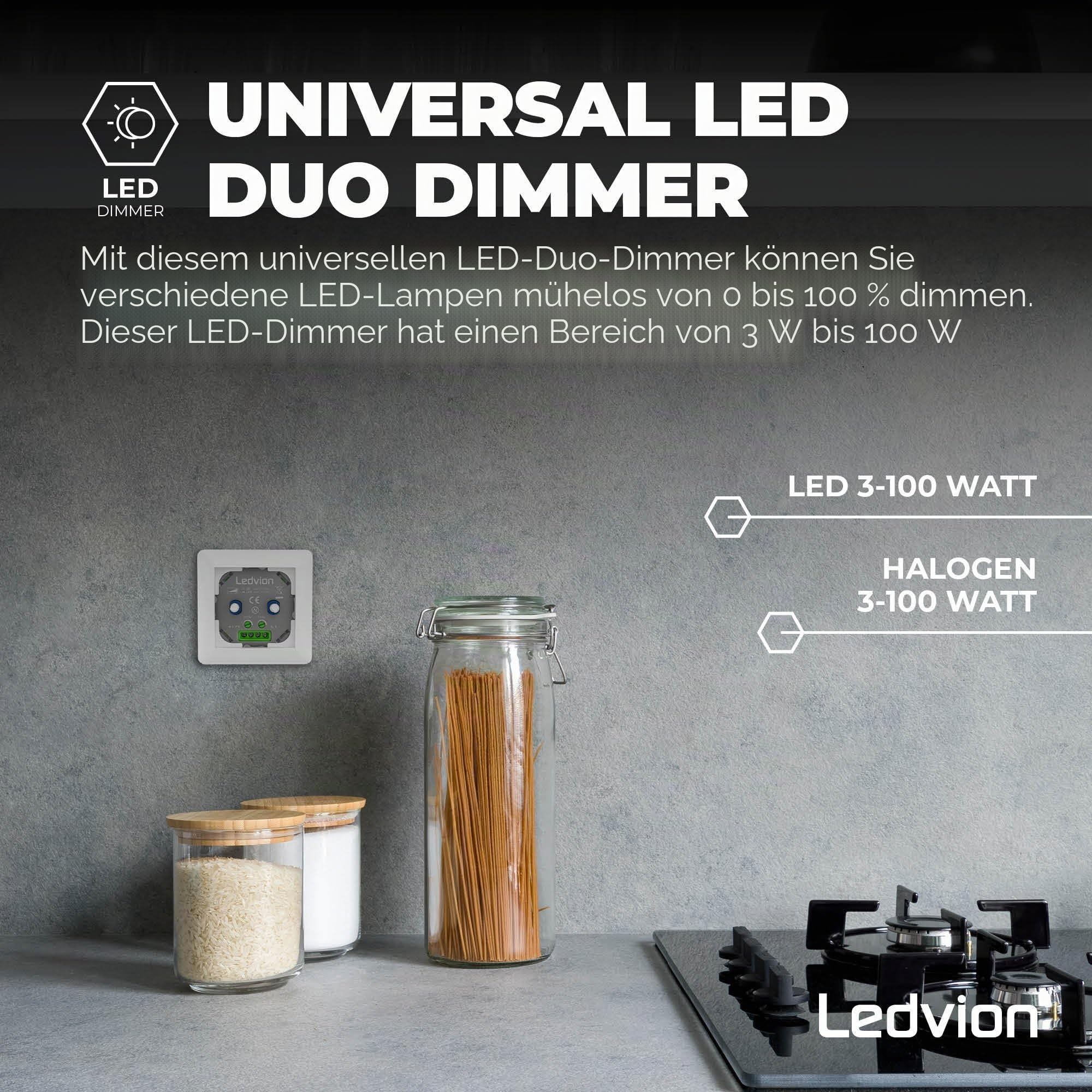 Ledvion LED Doppeldimmer Schalter 100W 240V weiß Abdeckrahmen dimmbar