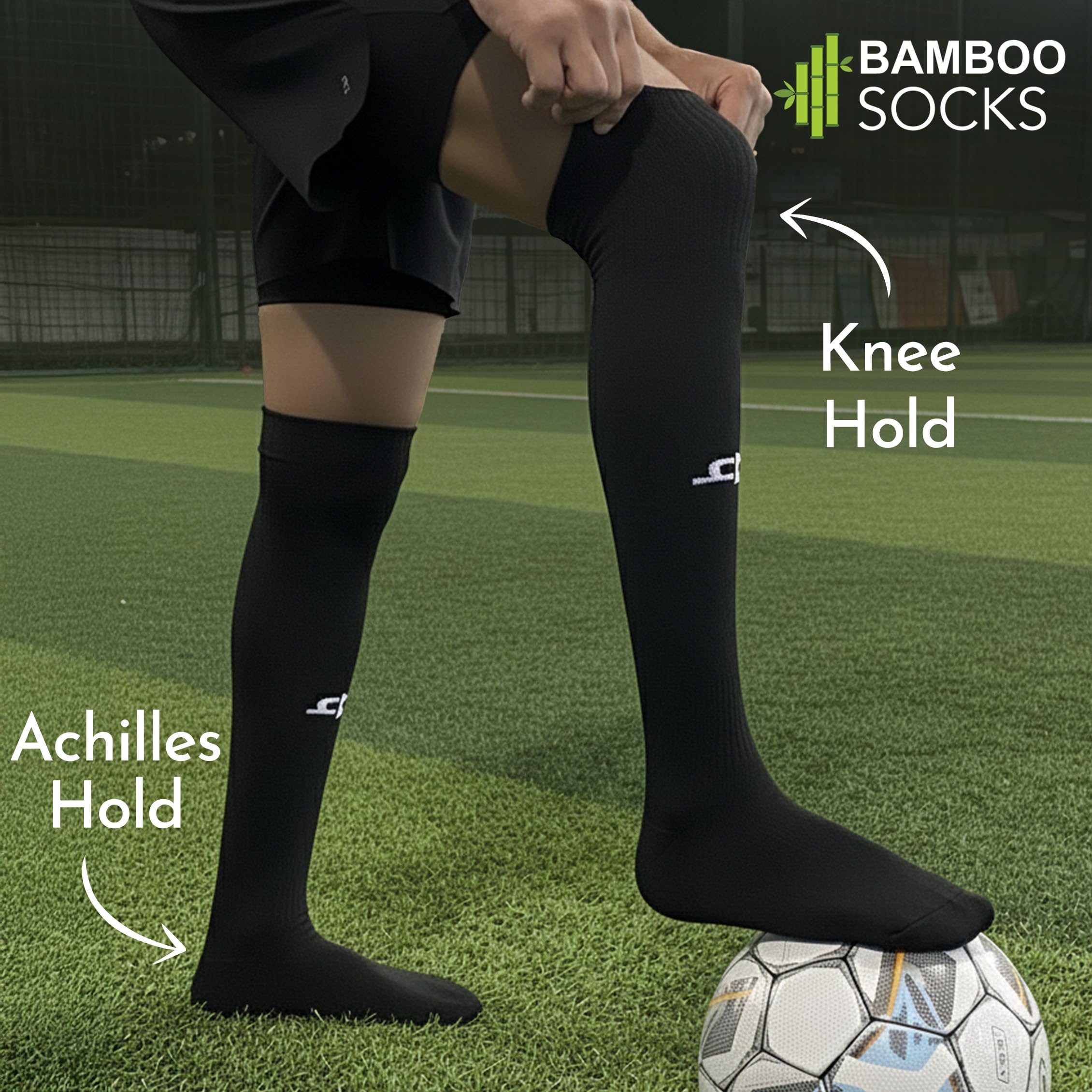 HEELIUM Bamboo Football Socks For Men & Women, Odour Free, Superior Grip & Cushioned Base, 3X Softer Than Cotton Stockings - Knee Length, Black 1