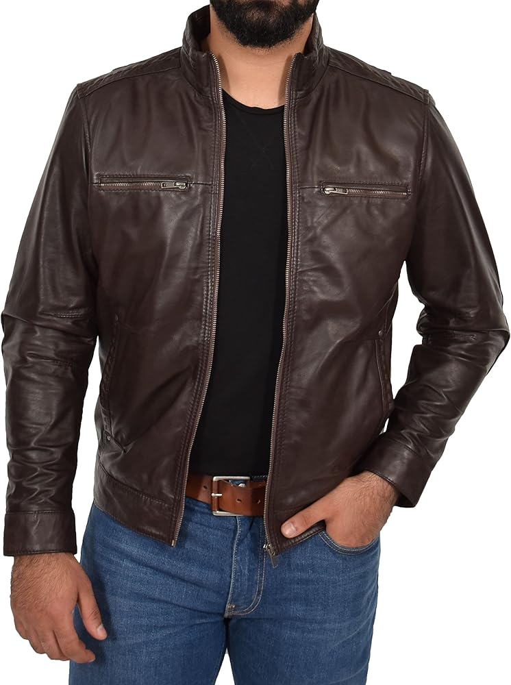 A1 FASHION GOODS Mens Real Soft Brown Leather Jacket Biker Style