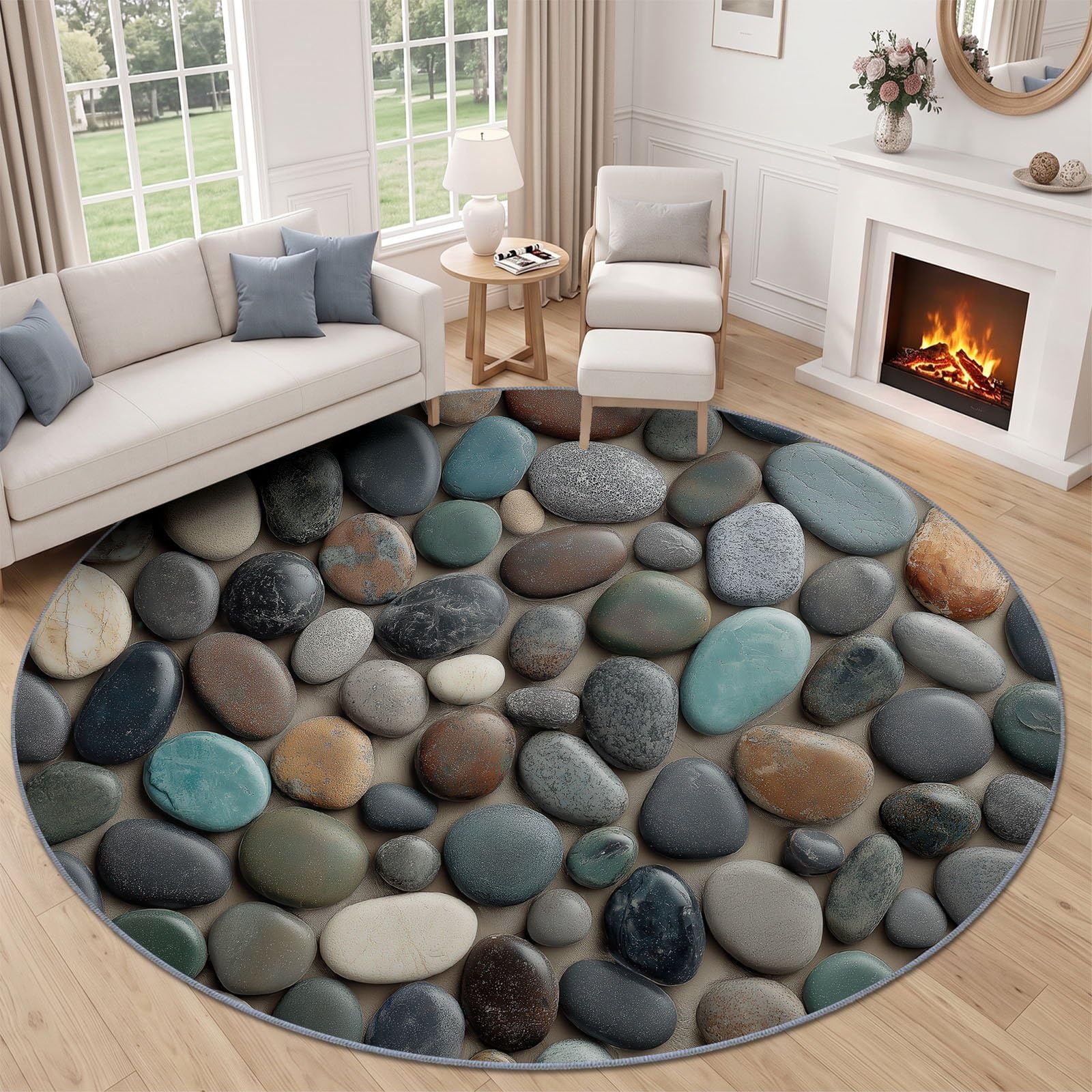 Naturel Rustique Grand Tapis Rond à Motif Galets Pierres Plage pour Salon Chambre à Coucher Salle de Bain Couloir décoration, Lavable en Machine Pile Courte et Douce, Gris, 200 cm