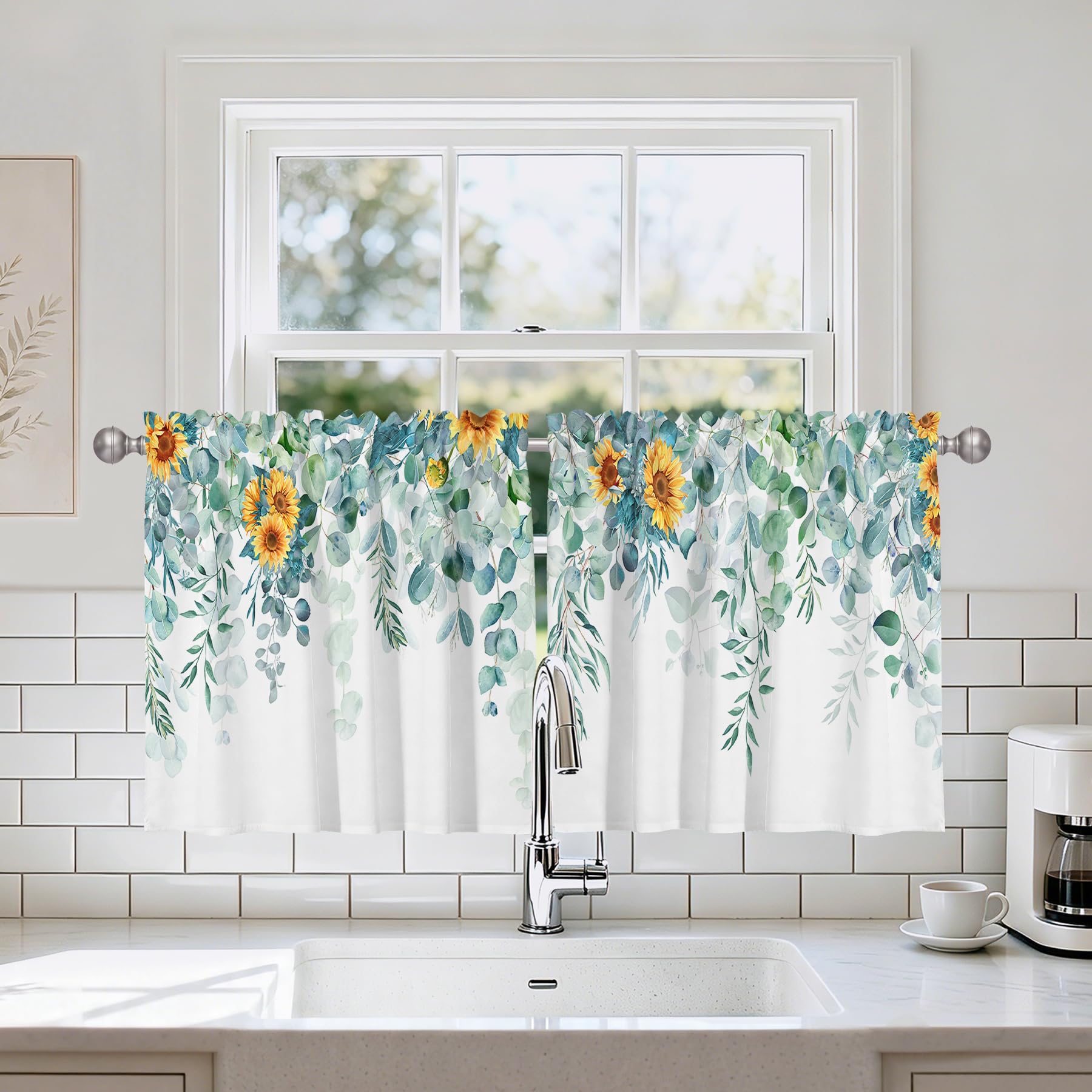 Green Eucalyptus Leaves Kitchen Valance Curtains, Rod Pocket 26x36 in