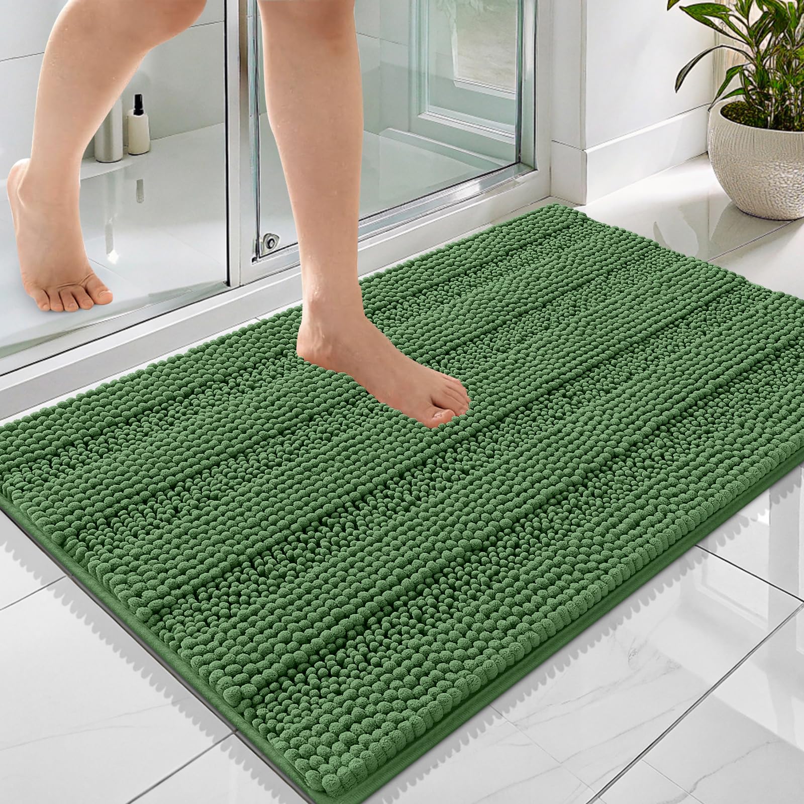 OLANLY Thick Bathroom Rugs 36x24, Chenille Striped Bath Rugs, Olive Green