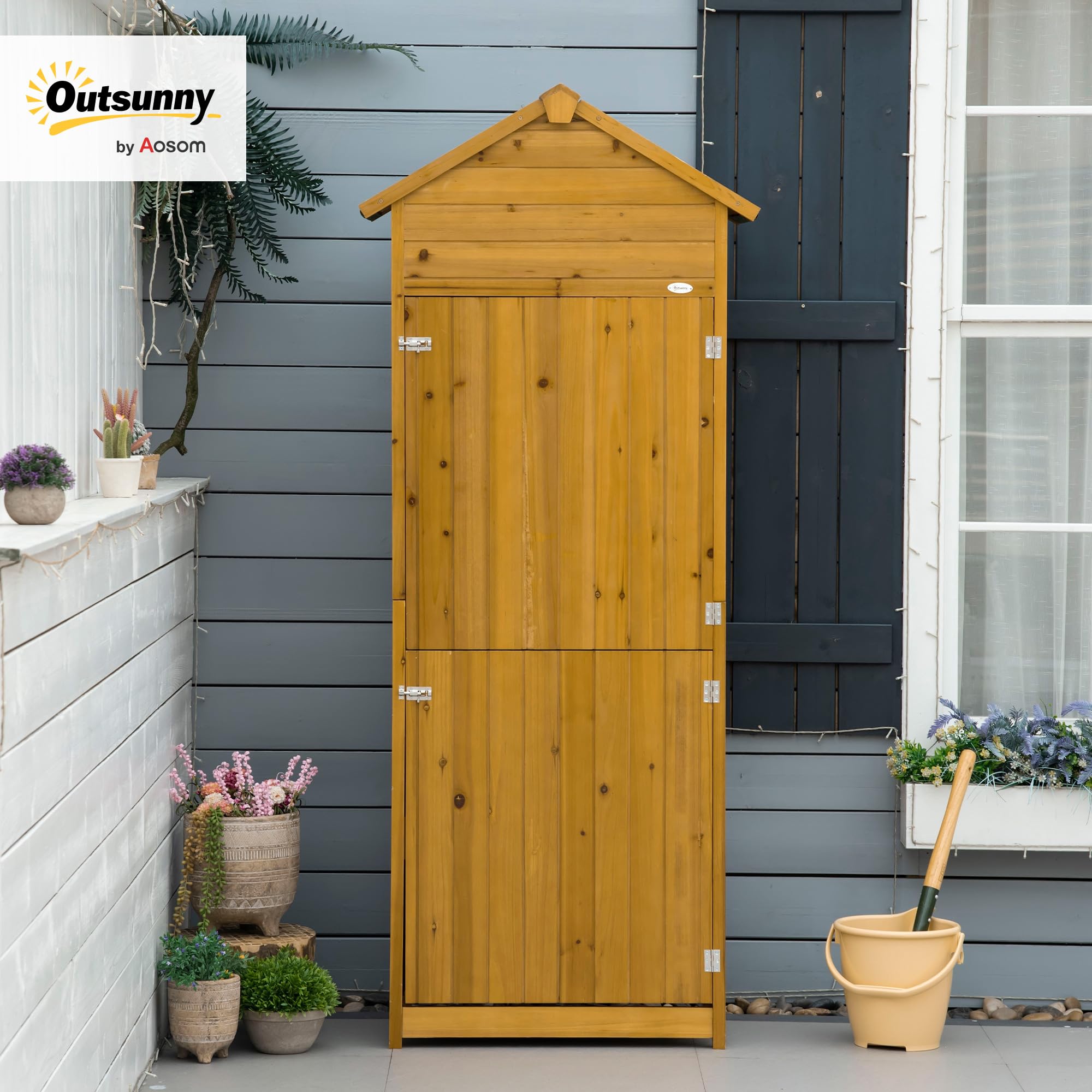 Outsunny Gartenschrank Holz wetterfest Geräteschrank 79x49x191,5cm Satteldach Doppeltür Naturholz