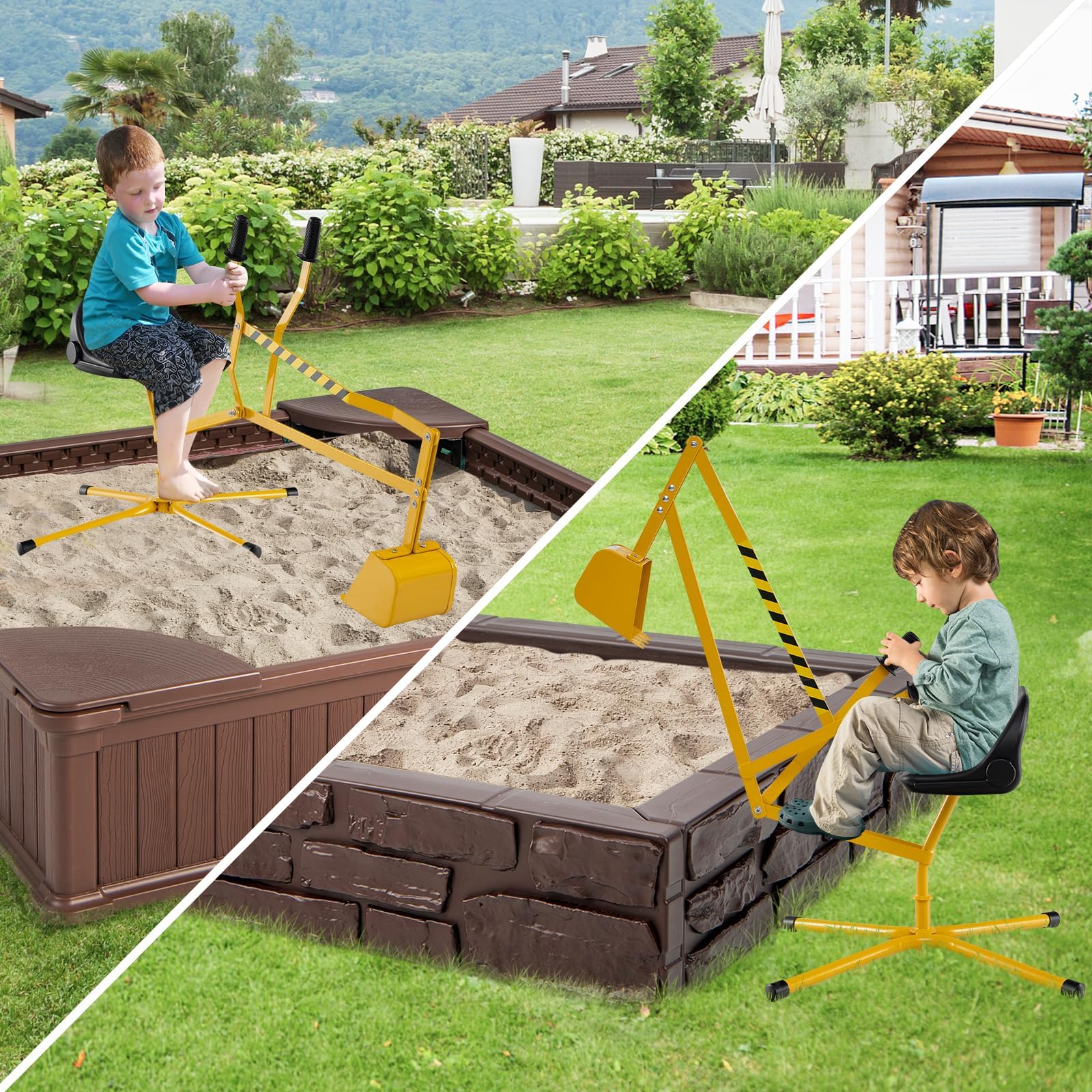 FANTASK Kinder Bagger, Aufsitzbagger mit 360° drehbarem Sitz, Sitzbagger 360° drehbar mit Schaufel & 2-Hand Steuerung, Sandbagger Sandkasten für Kinder ab 3 Jahren (Gelb)