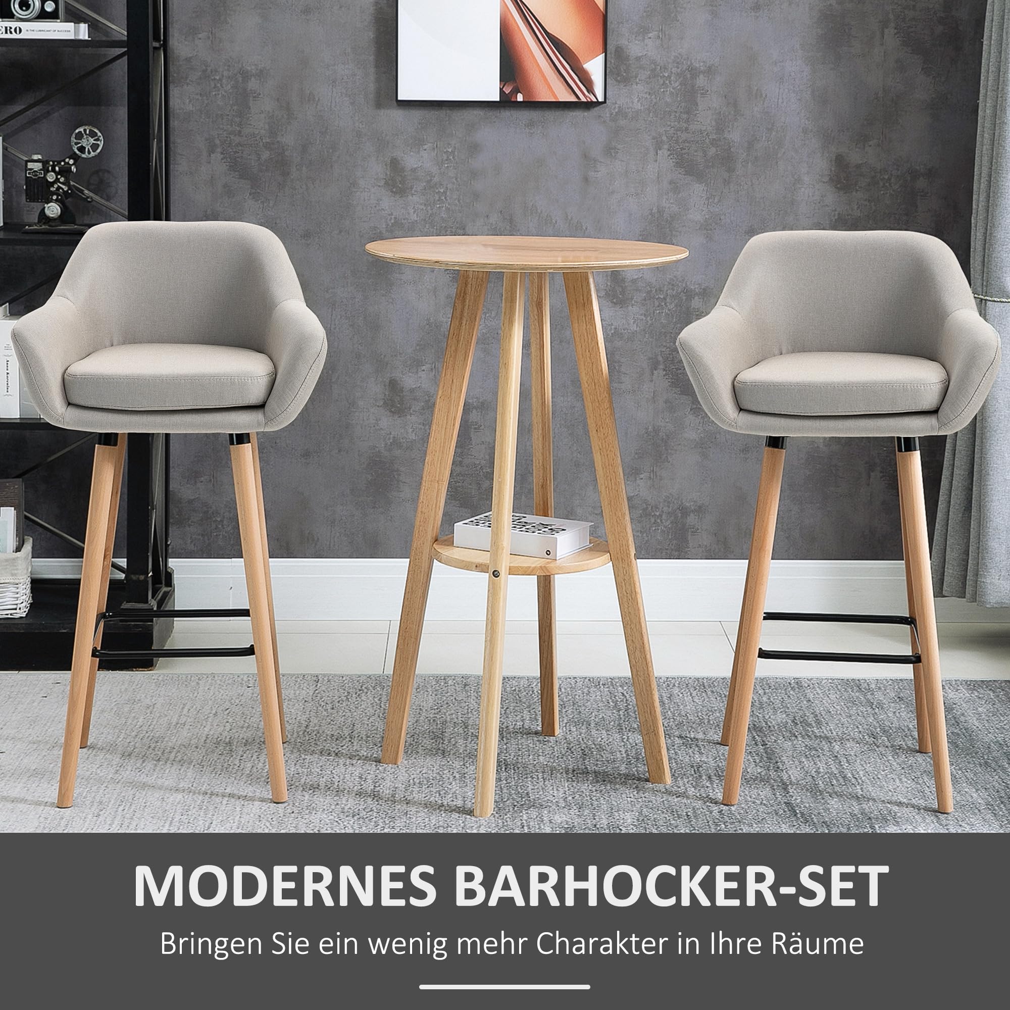 HOMCOM Barhocker 2er Set mit Sitzkissen, Rückenlehne, Armlehnen, Beige