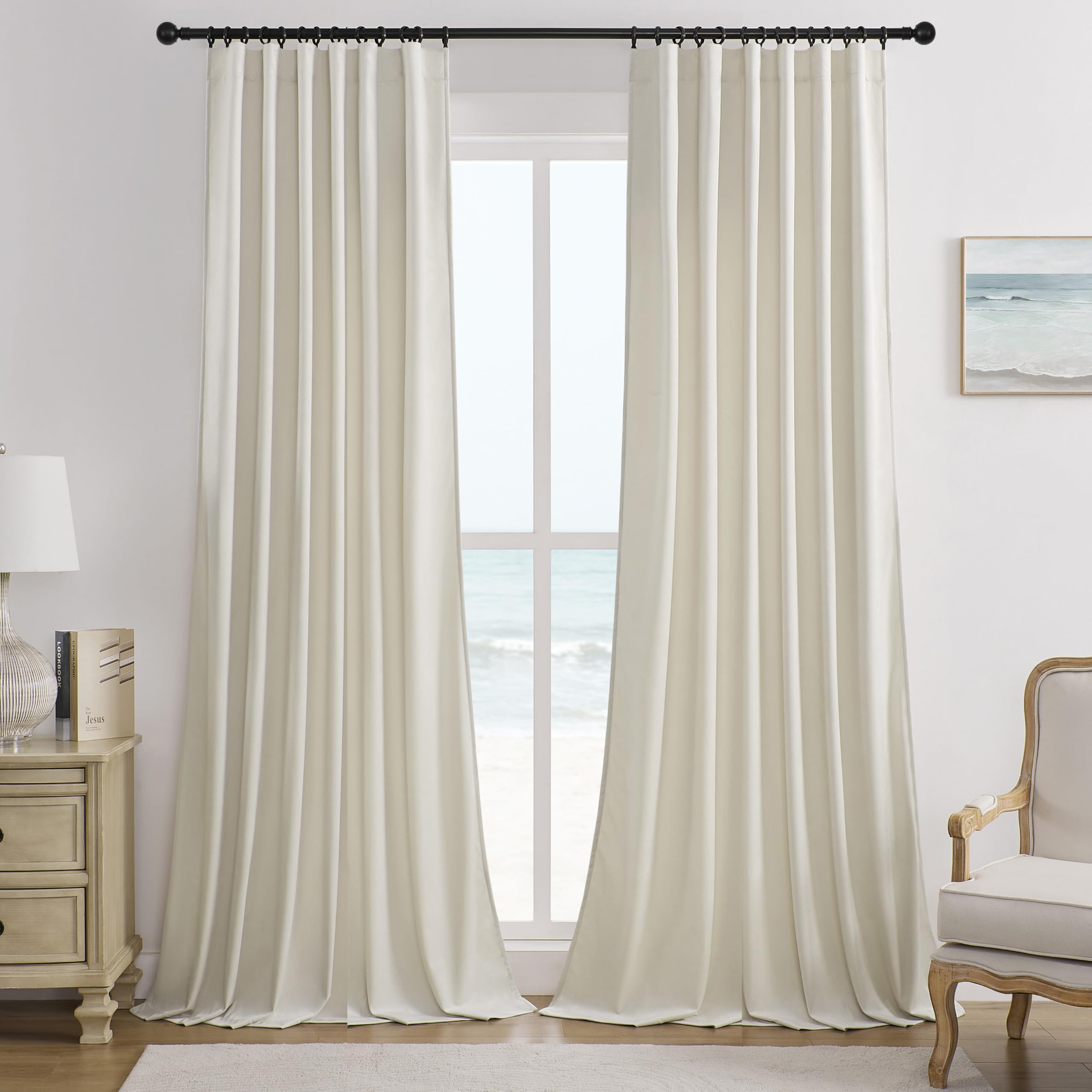 Timeper Cream Beige Pleated Back Velvet Curtains, 2 Panels, 2 Panels, Solid Curtains for Home Decor, Bedroom, Living Room, Dining Room, Thermal Insulation, Luxurious, — image 1