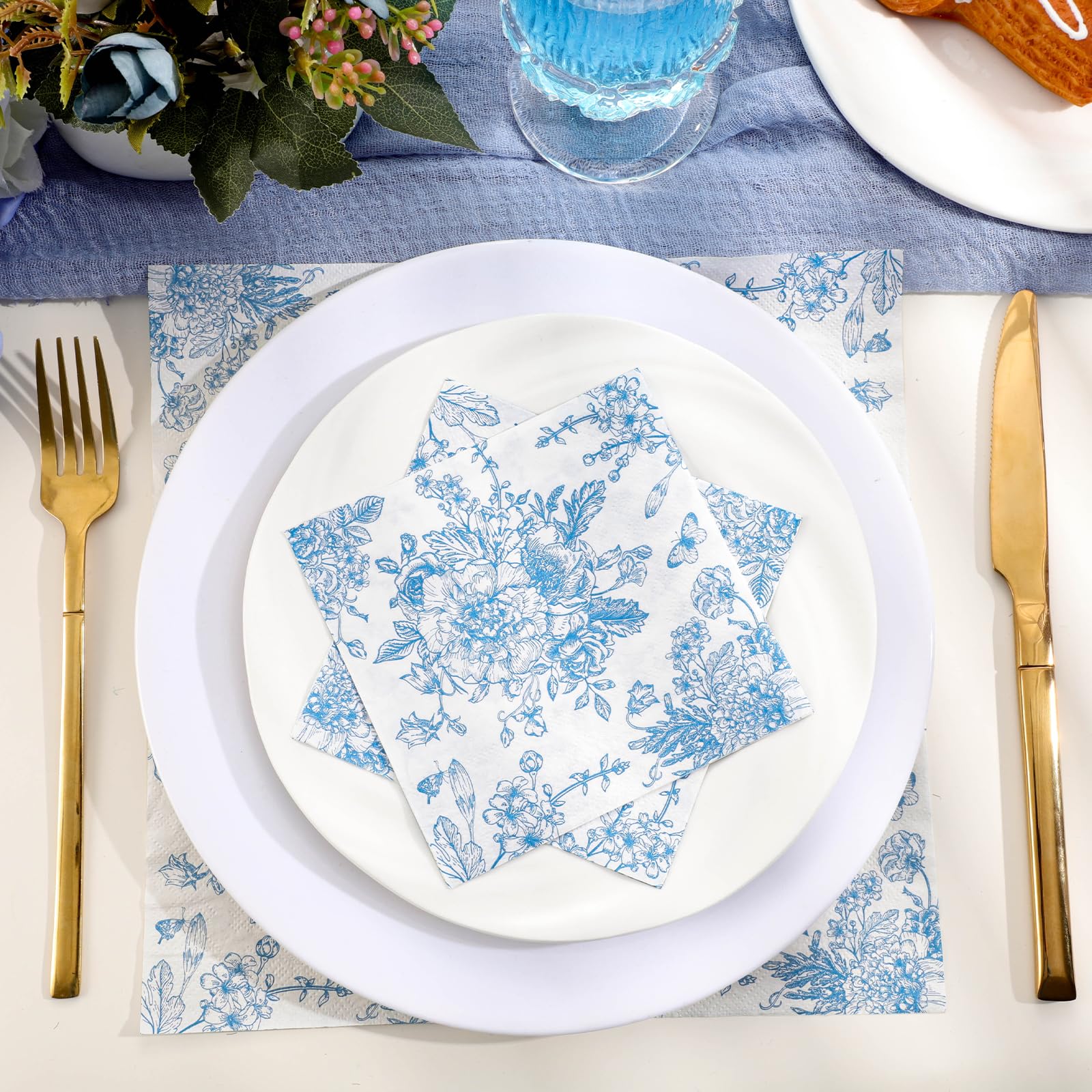 NatNarr 100 servilletas de cóctel florales azules, servilletas azules y blancas, diseño vintage de flores y mariposas, servilletas de postre, servilletas azules para baby shower, fiesta de té, fiesta