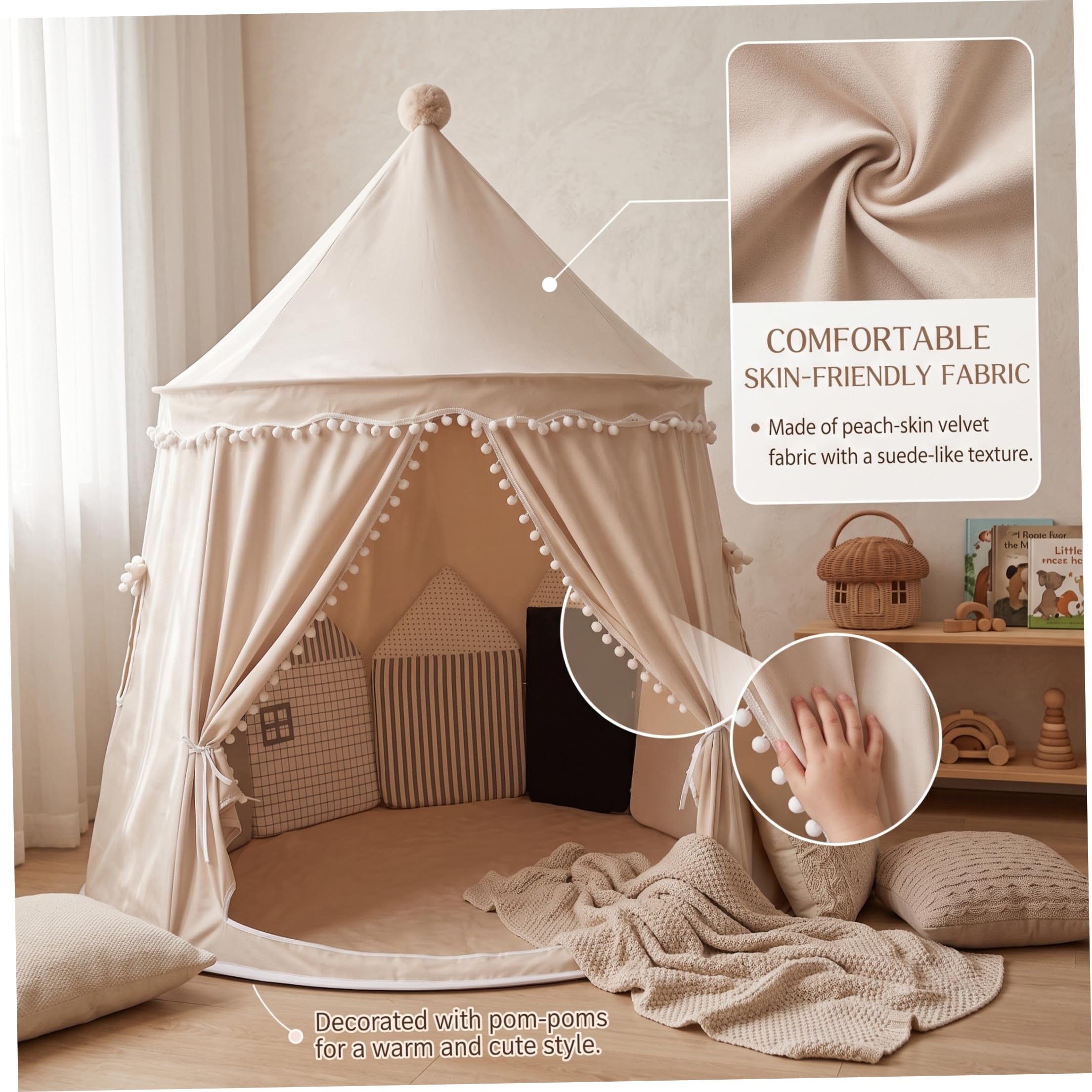 Tenda Teepee, Tenda da Gioco Pieghevole per Interni con Finestra di Ventilazione Beige