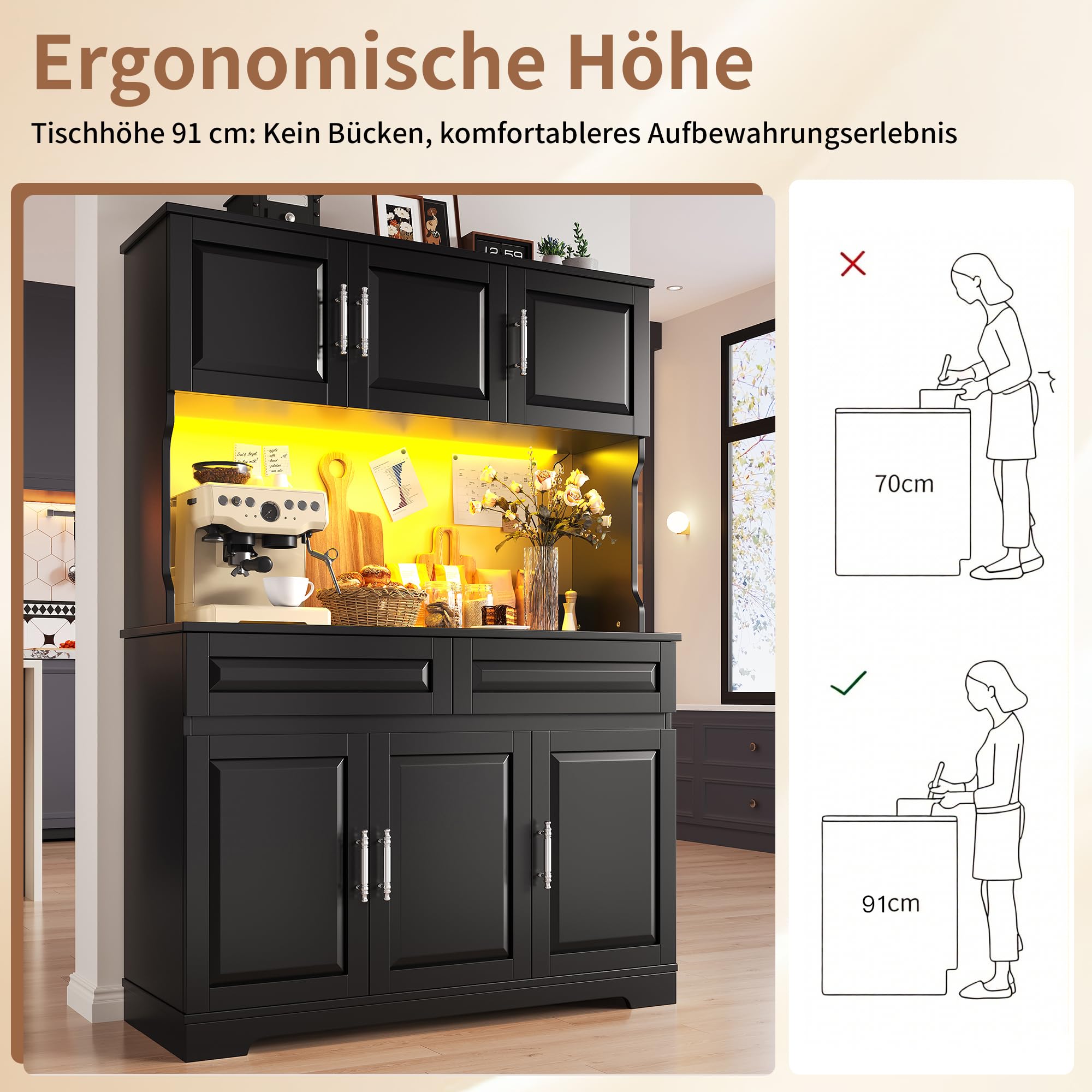 Küchenschrank mit LED-Beleuchtung und USB-Ladeanschluss, Hochschrank mit Verstellbare Einlegeböden und Aufbewahrungsschrank, Küchenschränke mit Schublade, Schwarz-A, 108x40x180 cm