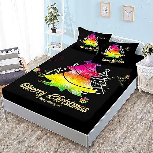 ZYFAB Christmas Fitted Sheet Set Elk Bedding Sheet SetUltra Soft Bed Cover Christmas Tree Printed Bedspread New Year Gift Bedroom DecorQSingle