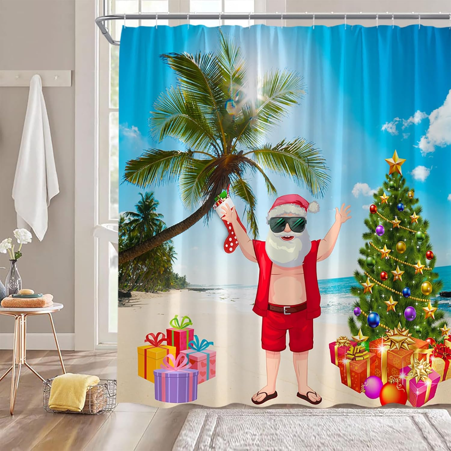 Christmas Santa Claus Shower Curtain Summer Beach Palm Xmas Tree Ocean Seaside Sunglasses Cool Funny 84" Wx70 H Fabric Bathroom Decor Curtain with Hooks