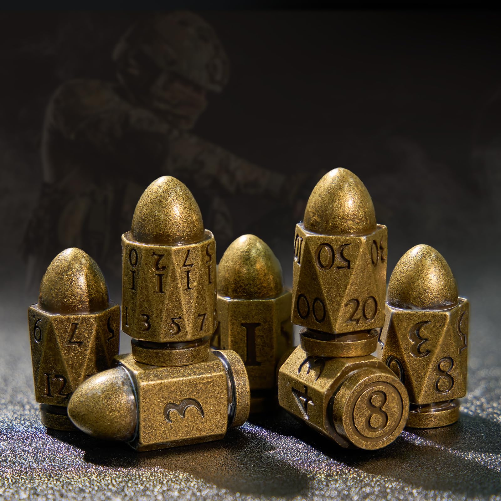 Bullet Dice,HNCCESG DND Dice of Dungeons and Dragons Dice,Metal Dice Set Polyhedral for Crime Theme Role Playing Game (Bronze)