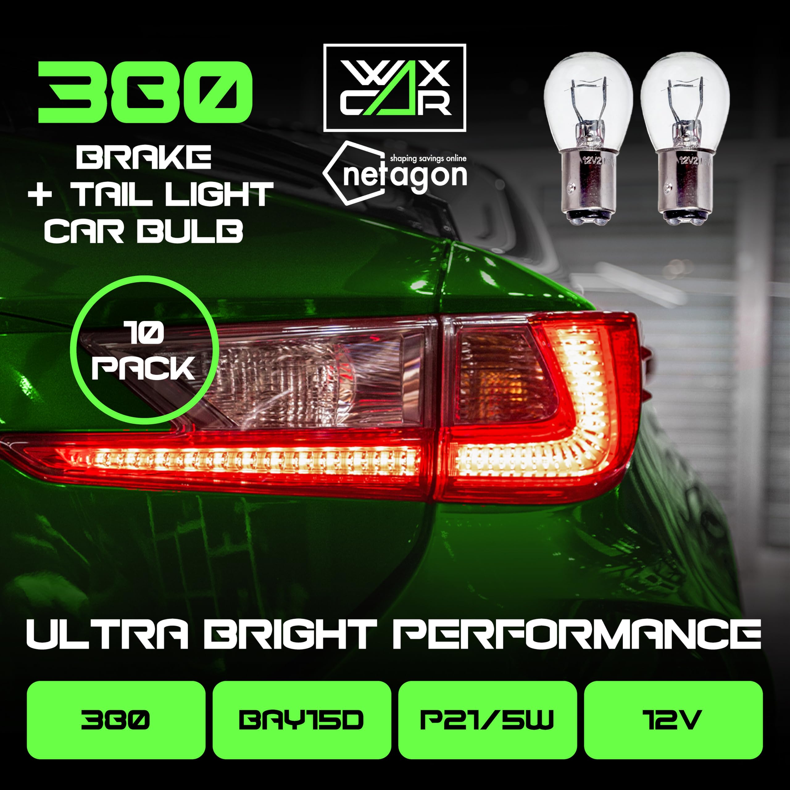 WAXACAR Vehicle Light Bulbs, Multi-Purpose for Tail, Brake, Fog, Indicator, Reverse Lights, 10 Pack, Universal Fit, Halogen, 21W, Compatible with Car, Van, Trailer, Truck, Bike (380 (10 Pack)) — view 2
